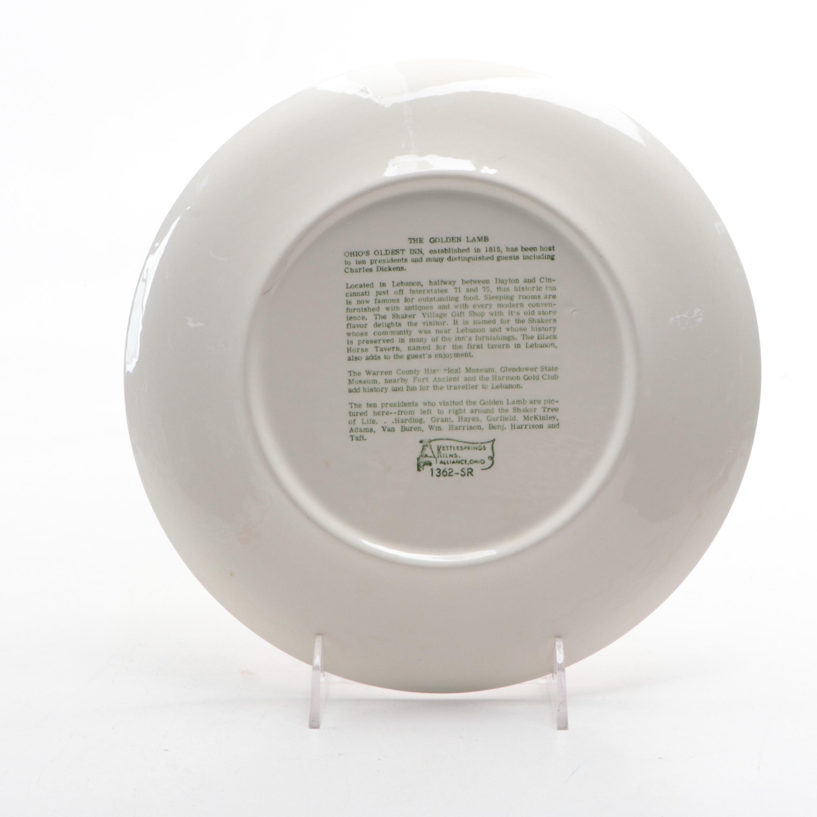 Kettlesprings Kilns "The Golden Lamb" Ceramic Souvenir Plate, Mid-20th Century