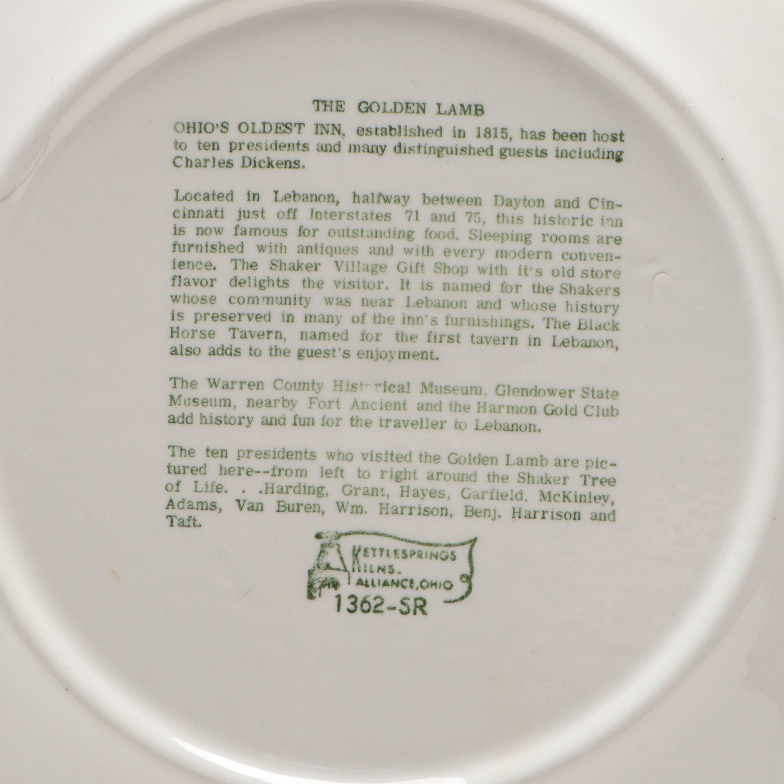 Kettlesprings Kilns "The Golden Lamb" Ceramic Souvenir Plate, Mid-20th Century