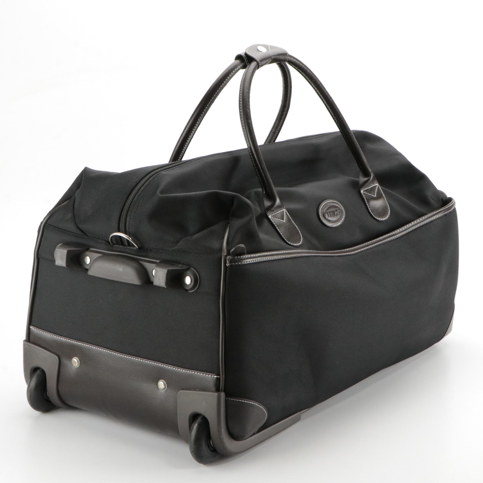 Bric's Black Ballistic Nylon Rolling Duffel Bag with Dark Brown Leather Trim