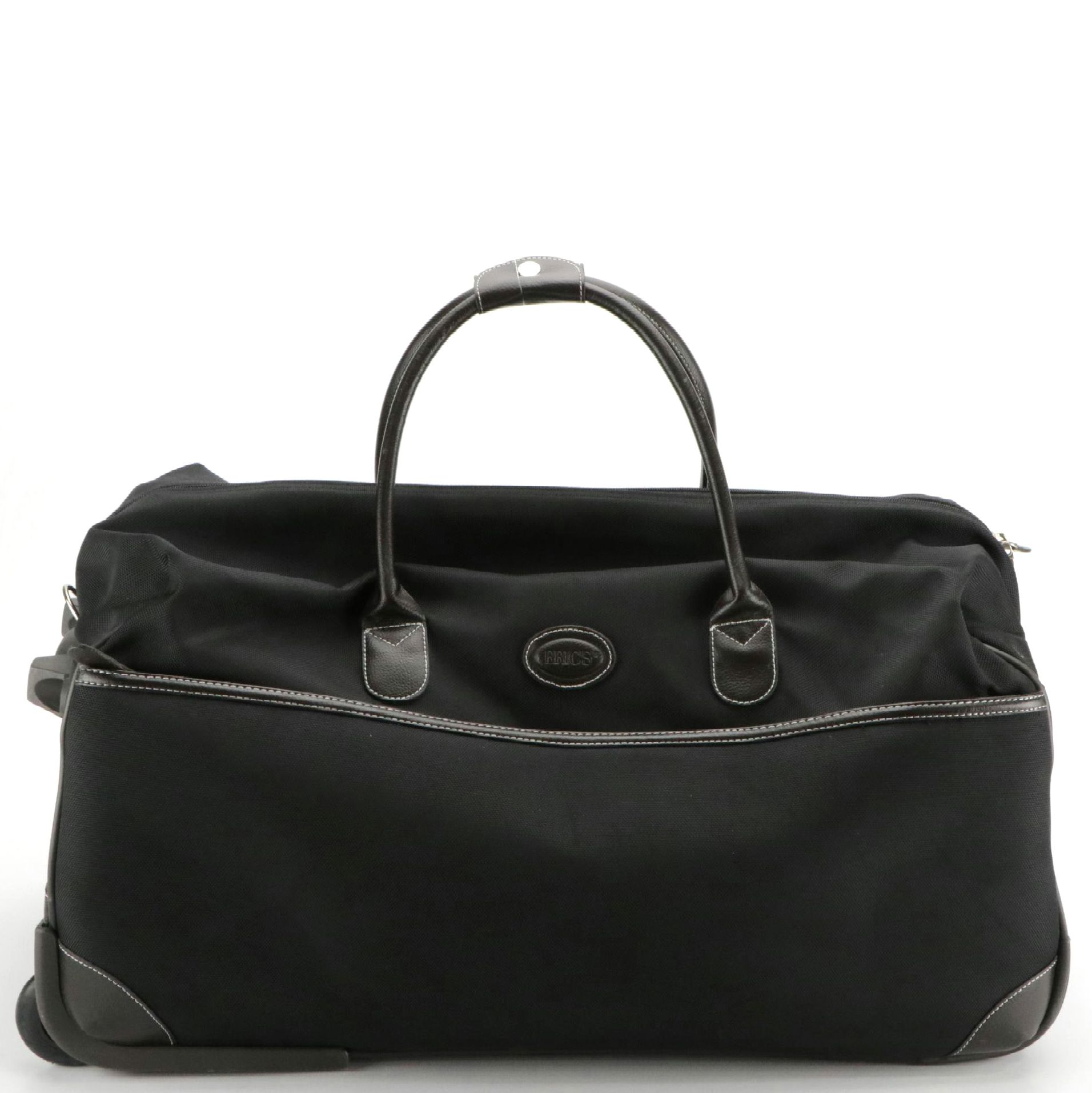 Bric's Black Ballistic Nylon Rolling Duffel Bag with Dark Brown Leather Trim