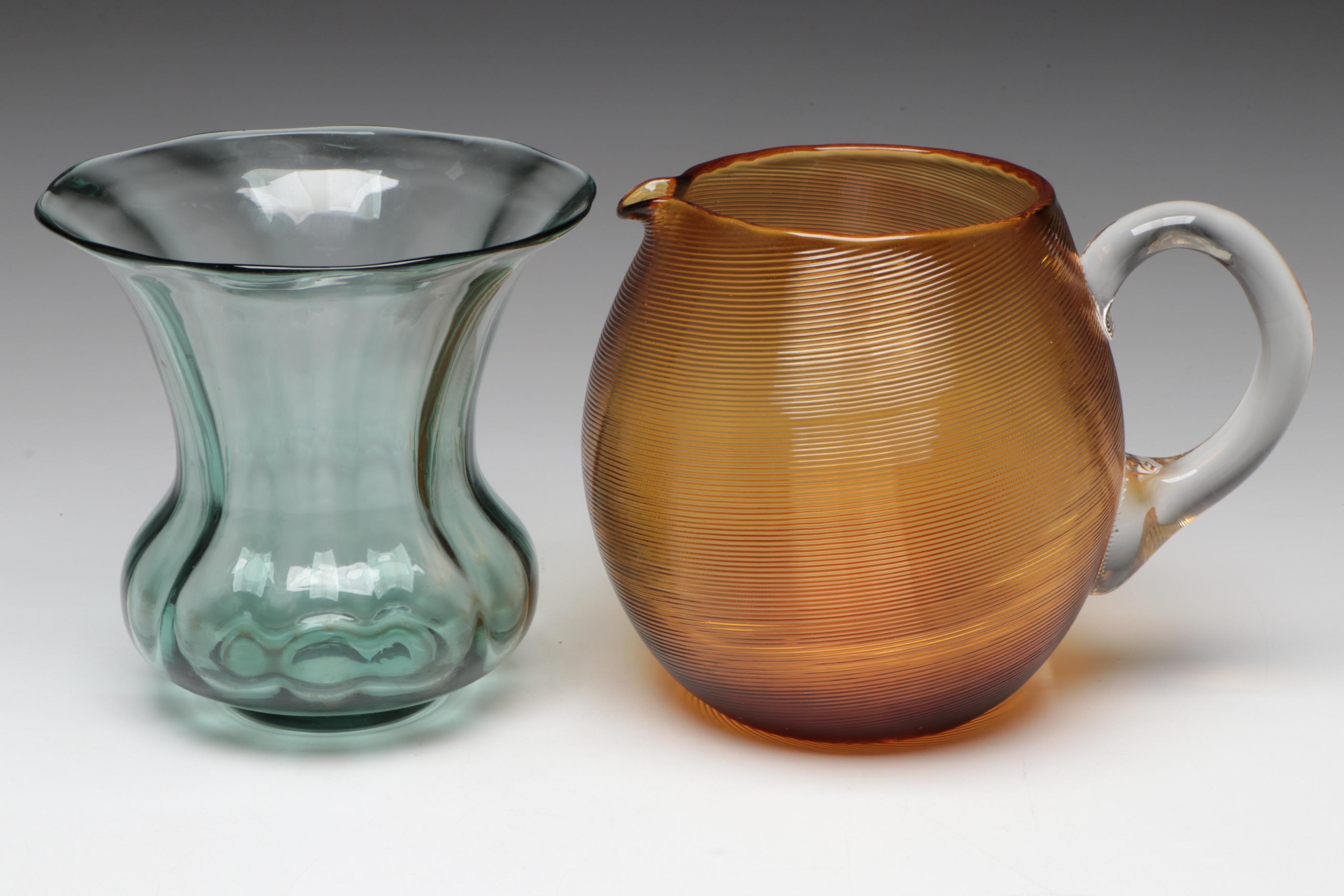 Amber Glass Pitcher with Vase and Art Glass Oblong Bowl