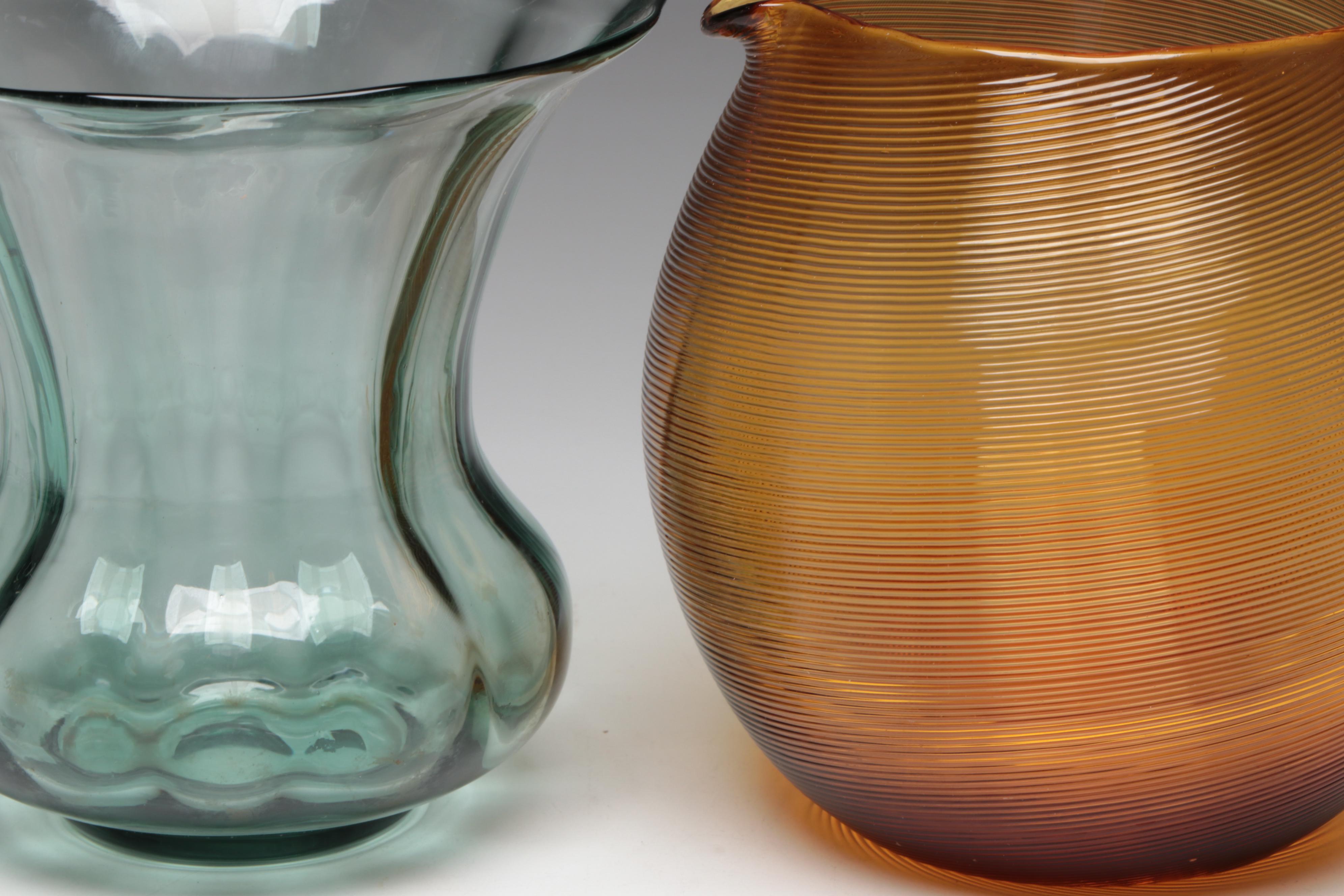 Amber Glass Pitcher with Vase and Art Glass Oblong Bowl