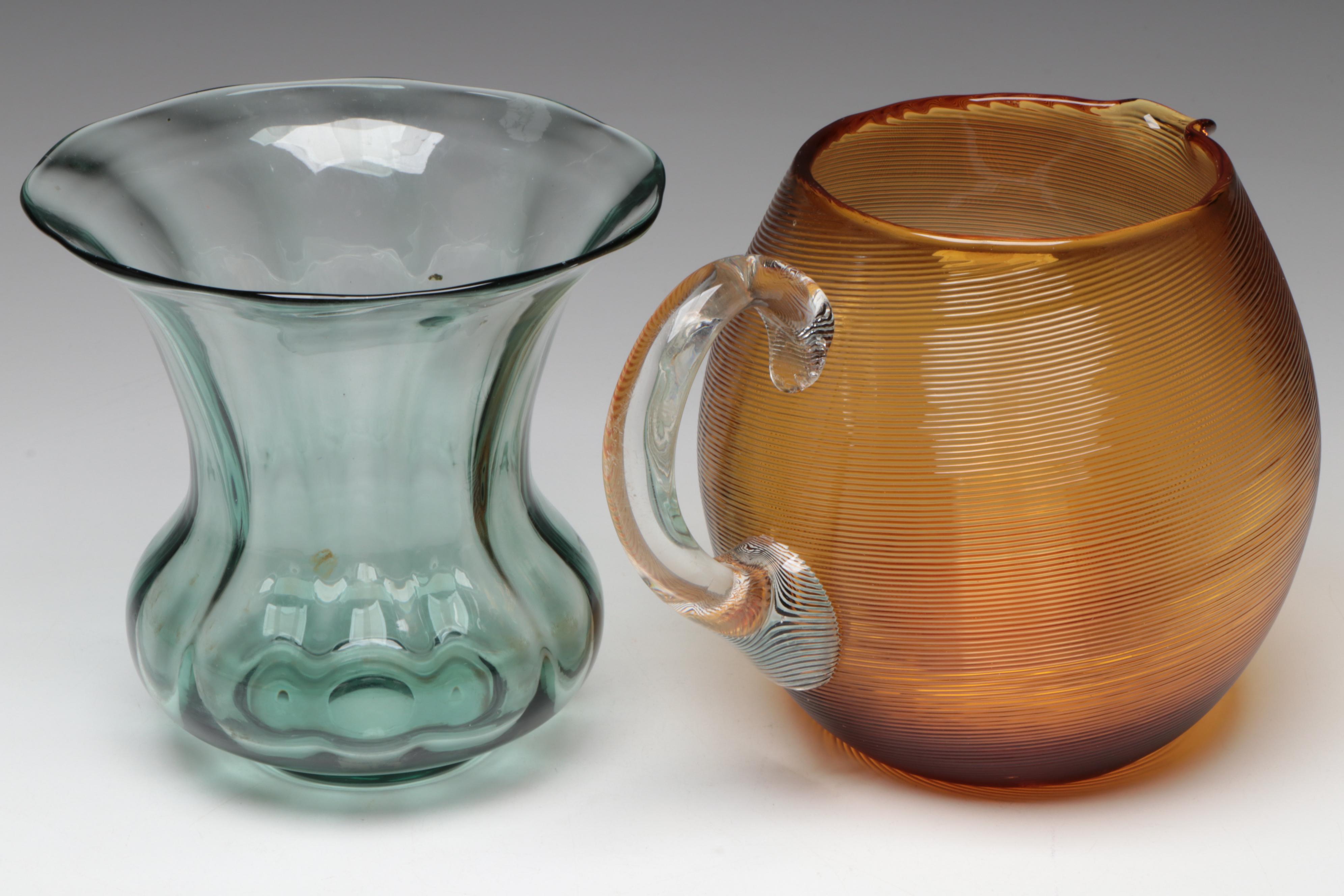 Amber Glass Pitcher with Vase and Art Glass Oblong Bowl