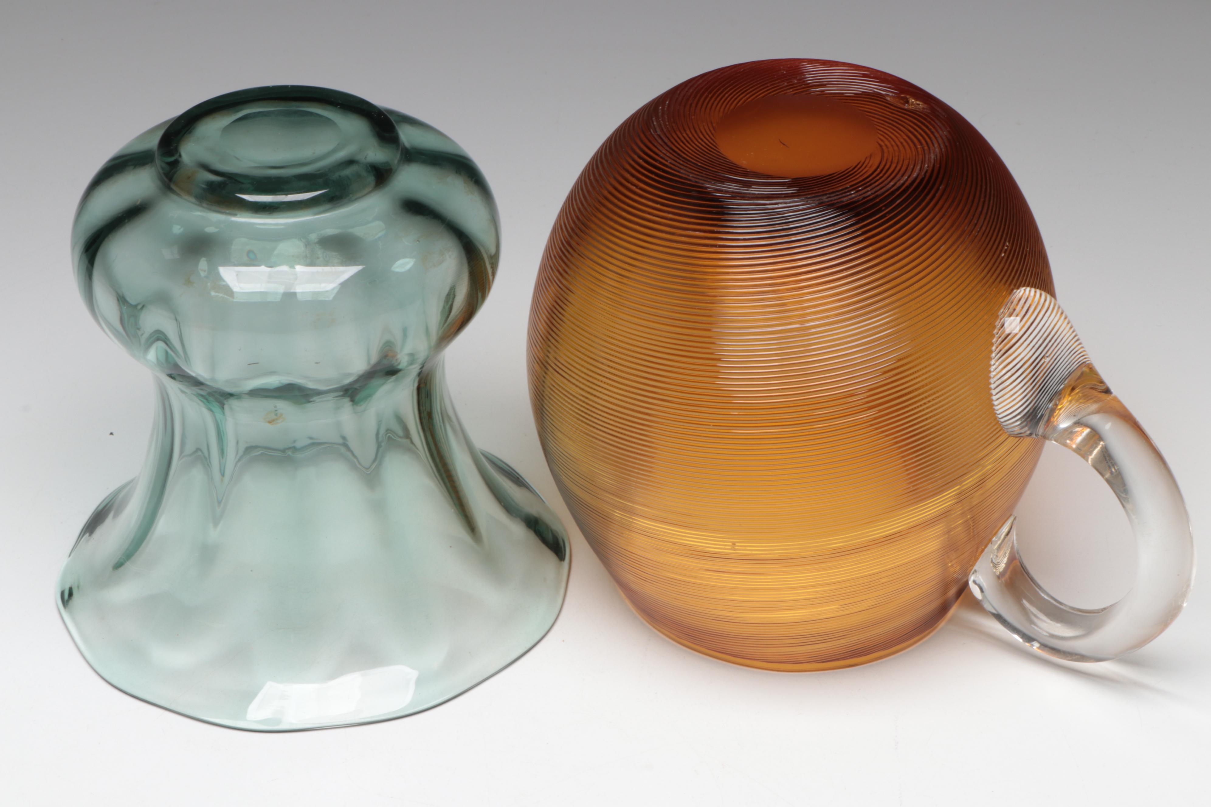 Amber Glass Pitcher with Vase and Art Glass Oblong Bowl