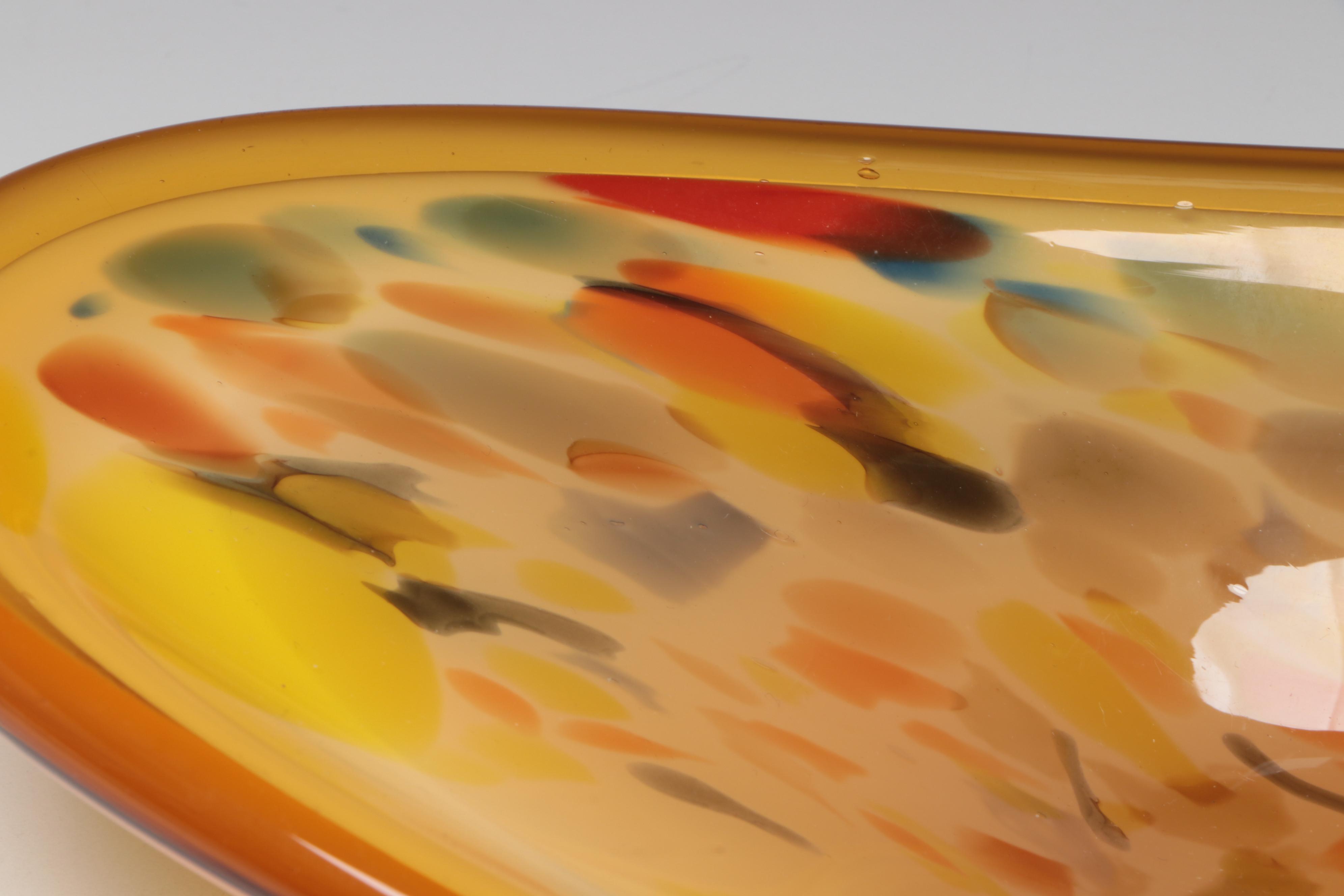 Amber Glass Pitcher with Vase and Art Glass Oblong Bowl