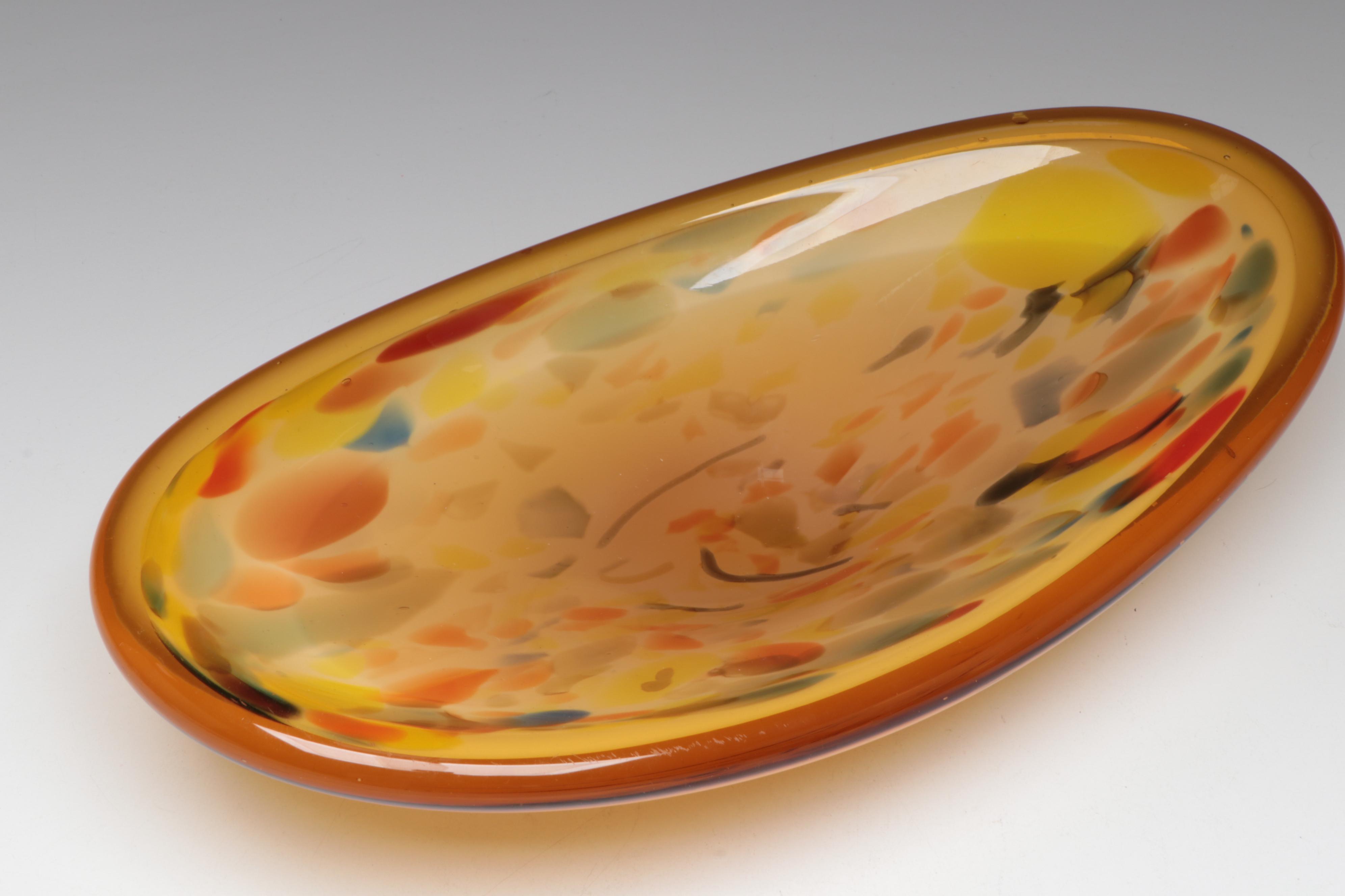 Amber Glass Pitcher with Vase and Art Glass Oblong Bowl