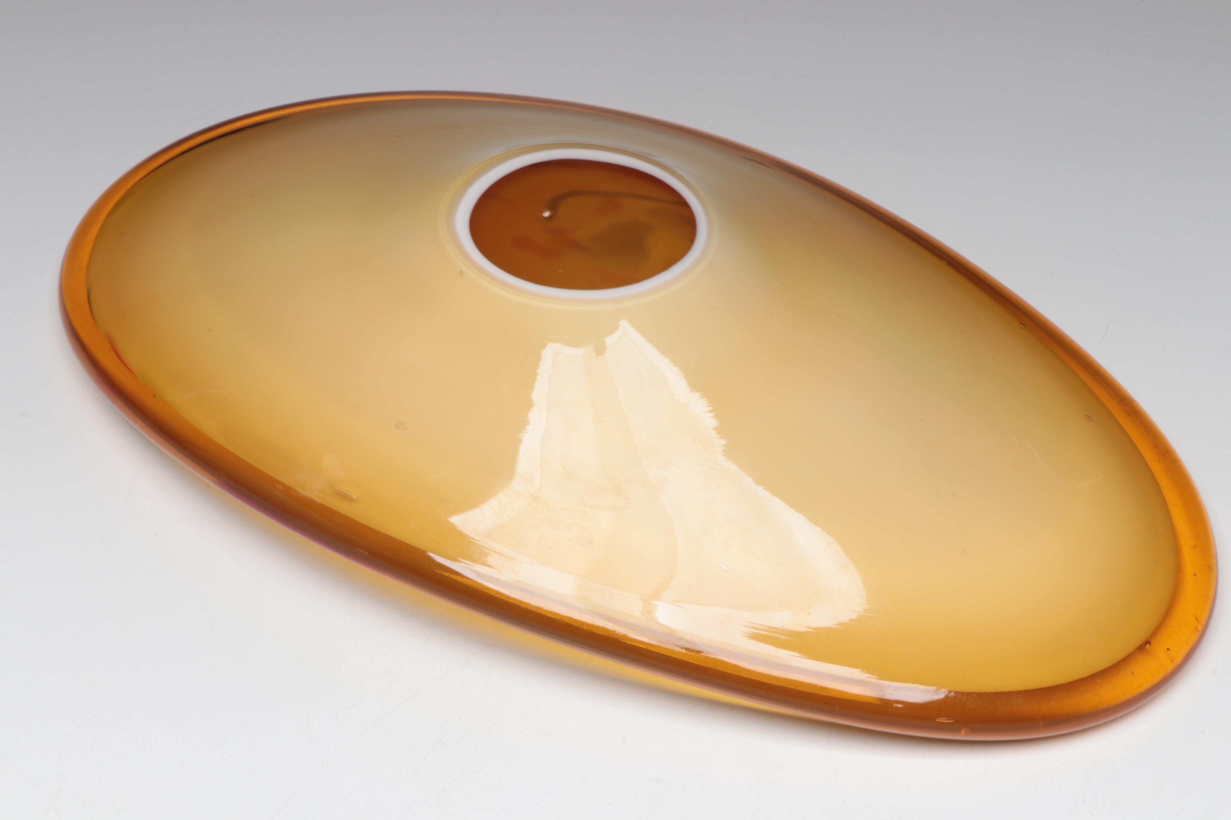 Amber Glass Pitcher with Vase and Art Glass Oblong Bowl