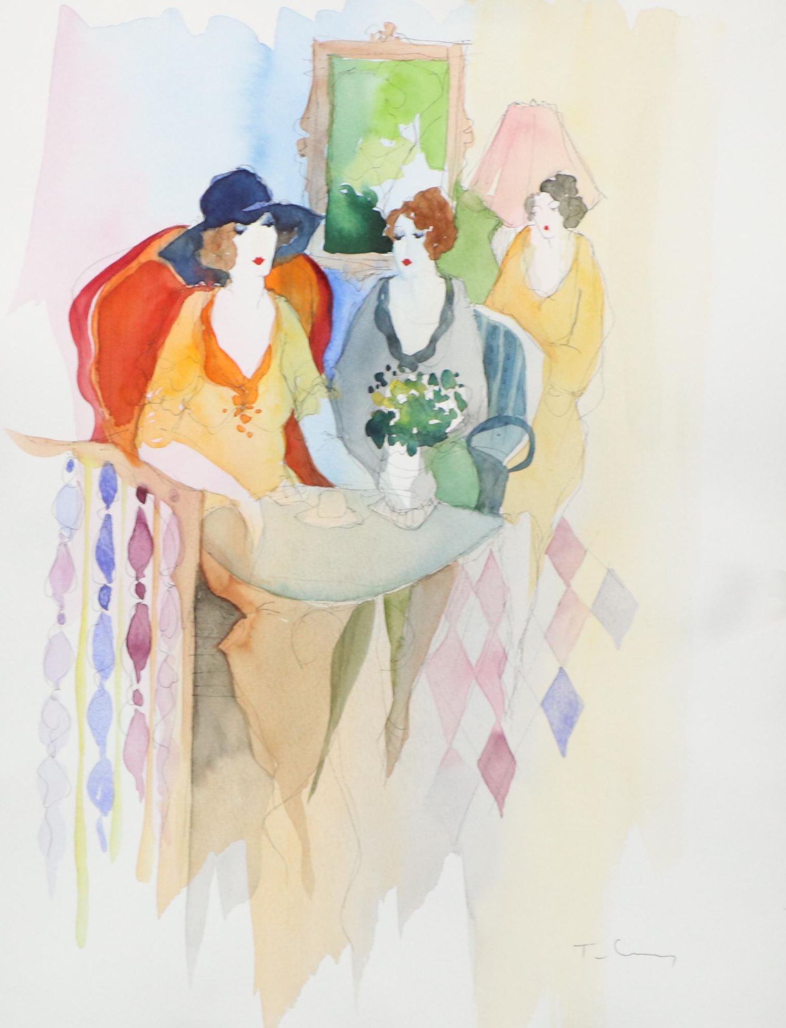 Itzchak Tarkay Watercolor Painting "Afternoon With Friends" COA