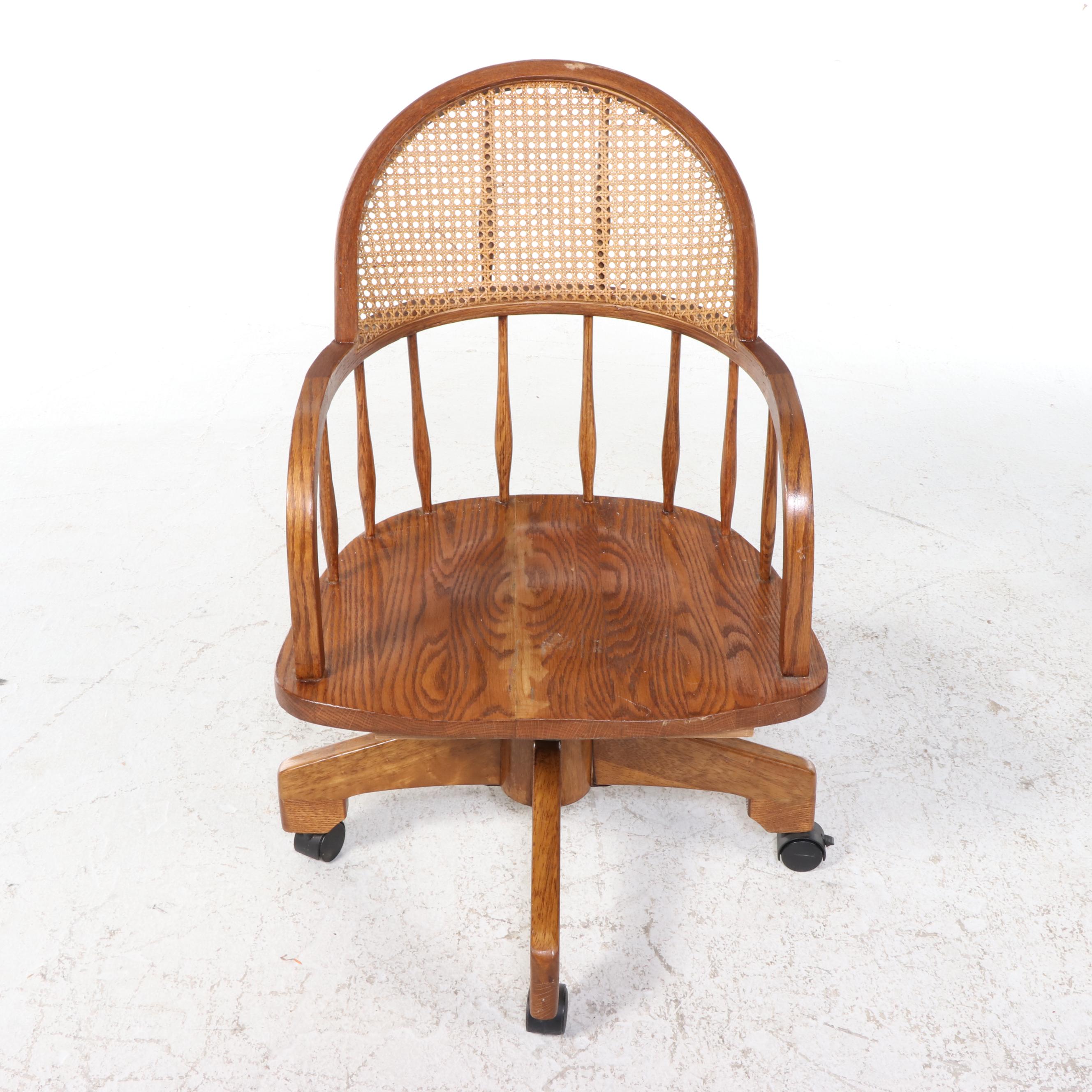 Colonial Style Oak and Caned Swivel-Tilt Windsor Desk Chair