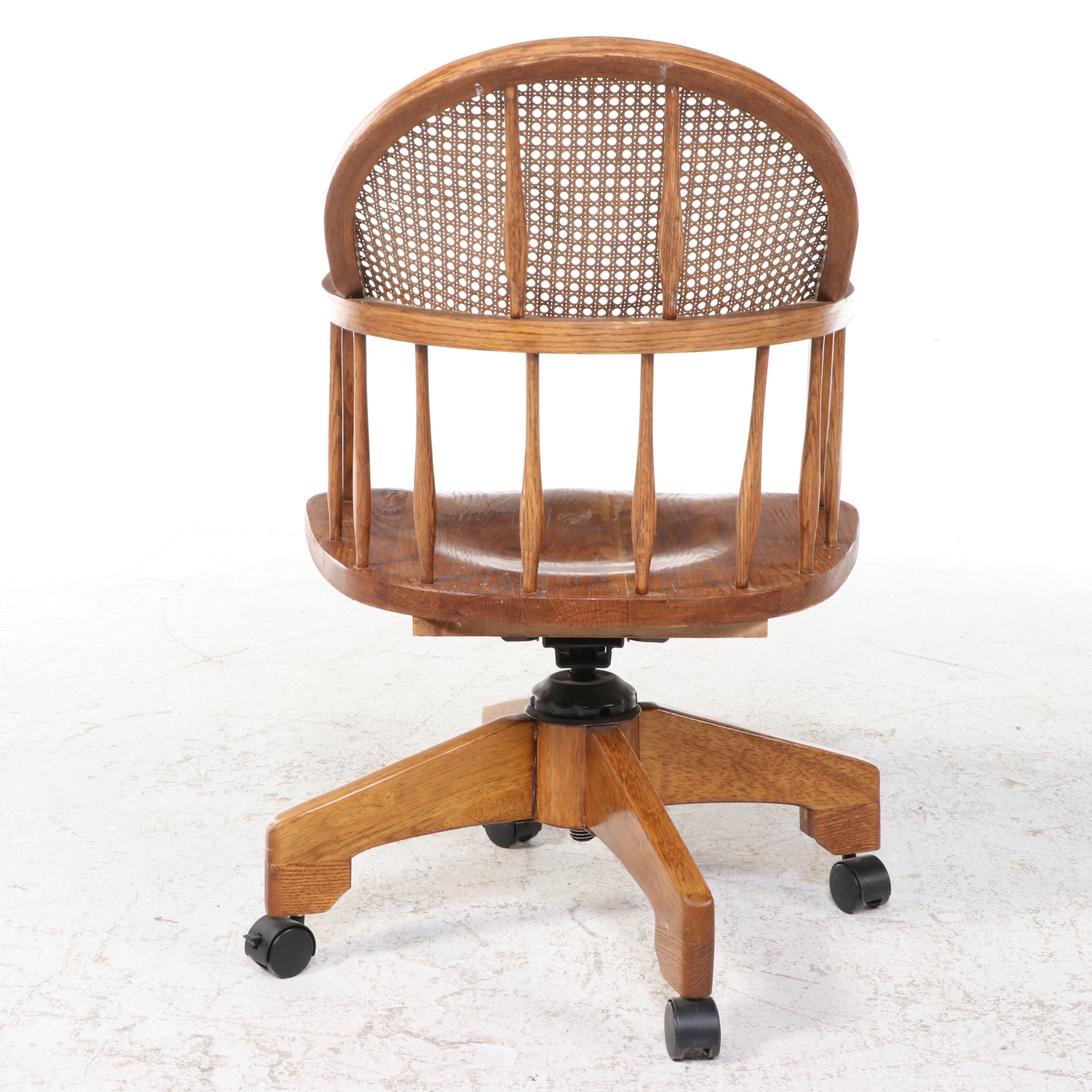 Colonial Style Oak and Caned Swivel-Tilt Windsor Desk Chair