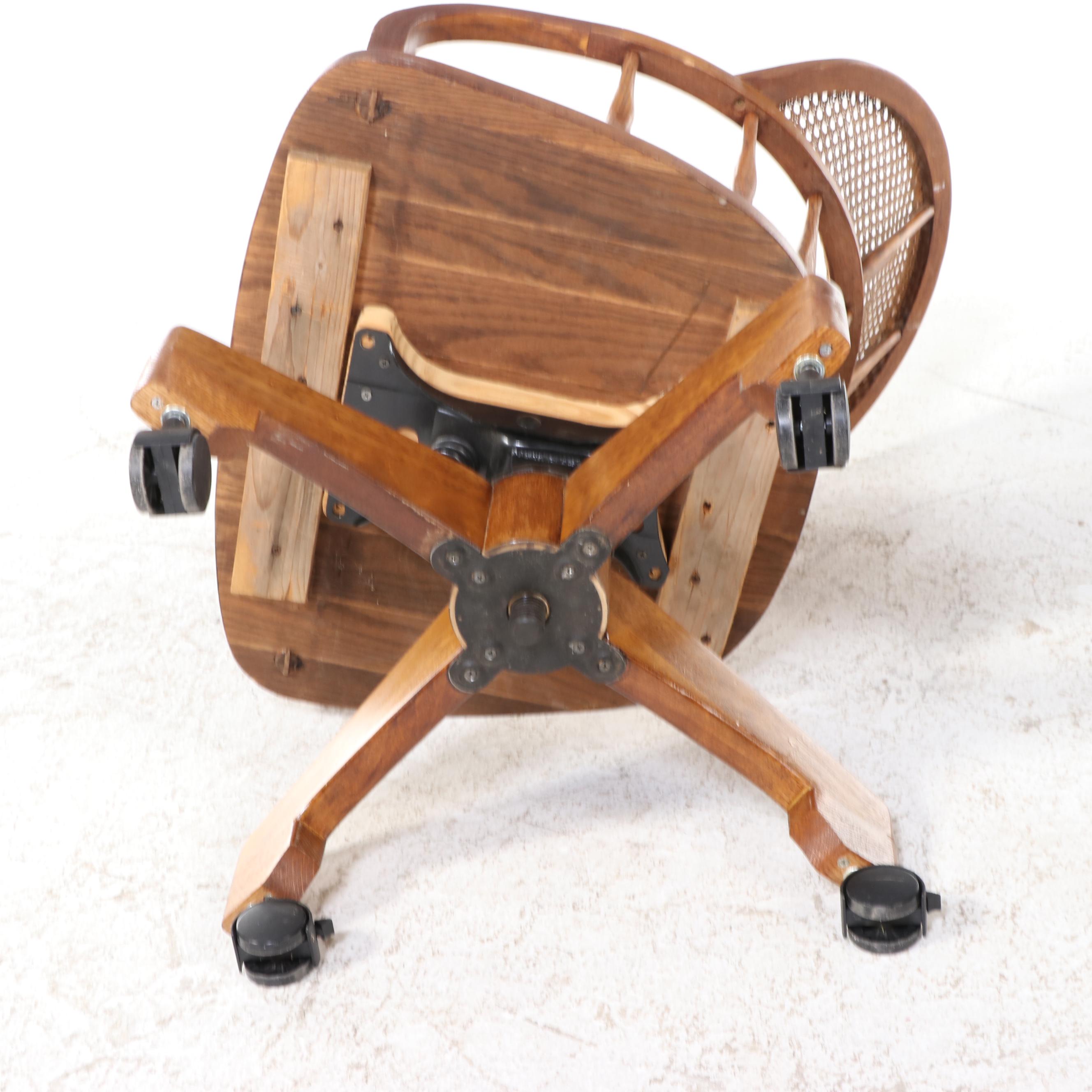 Colonial Style Oak and Caned Swivel-Tilt Windsor Desk Chair