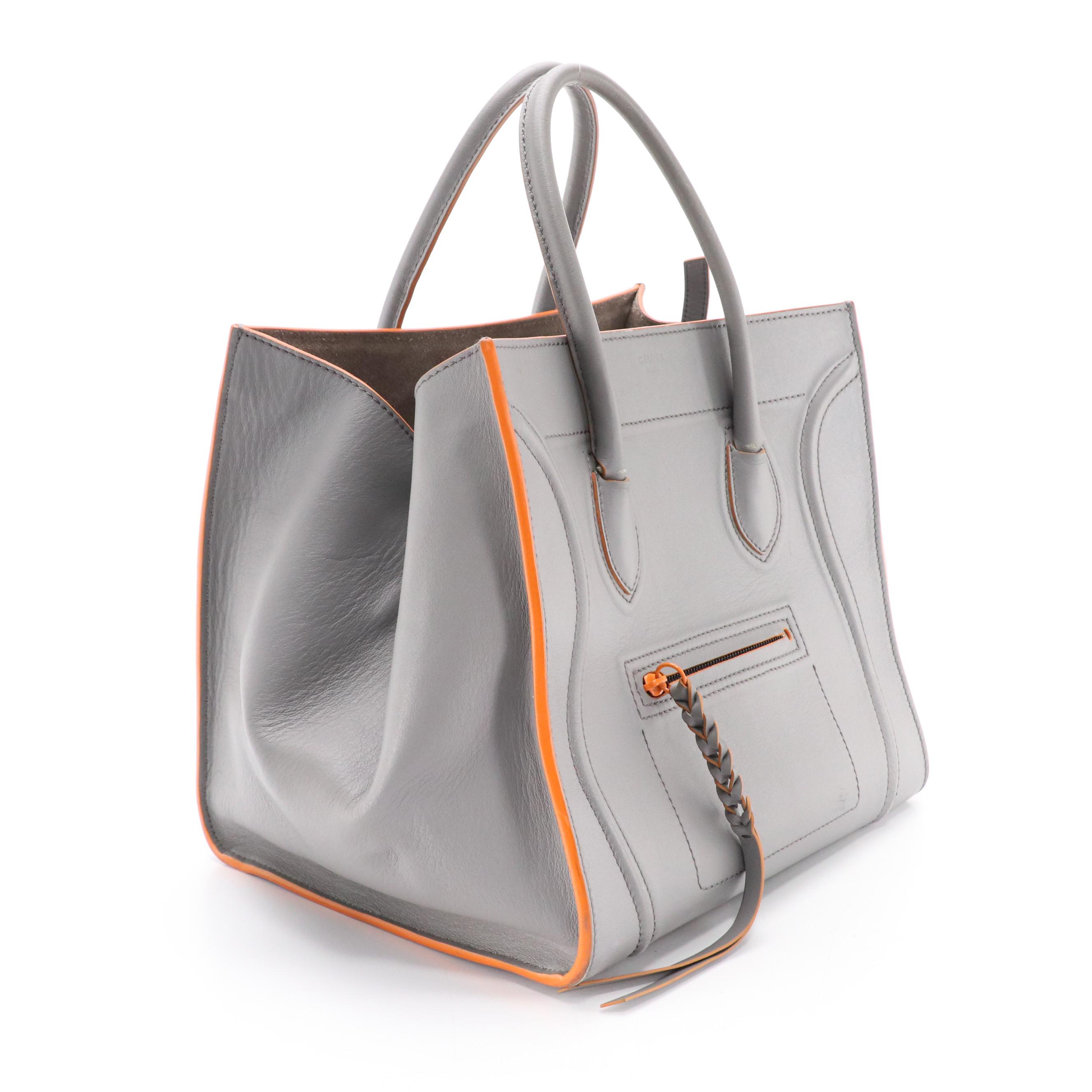 Céline Phantom Luggage Tote Bag in Cool Grey Calfskin Leather and Orange Trim