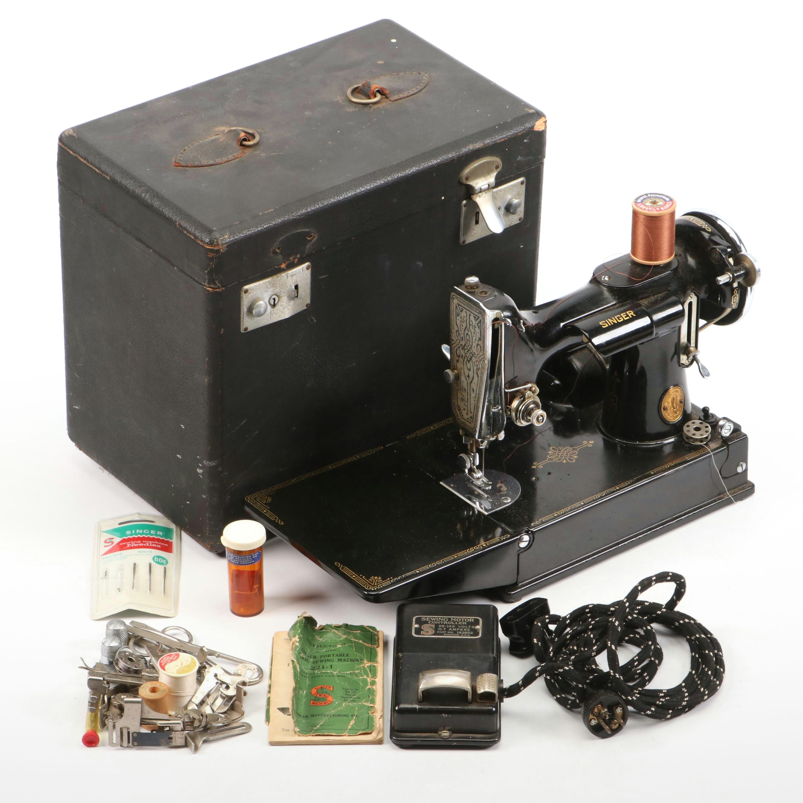 Singer Portable Electric Sewing Machine 221-1 with Case and Accessories