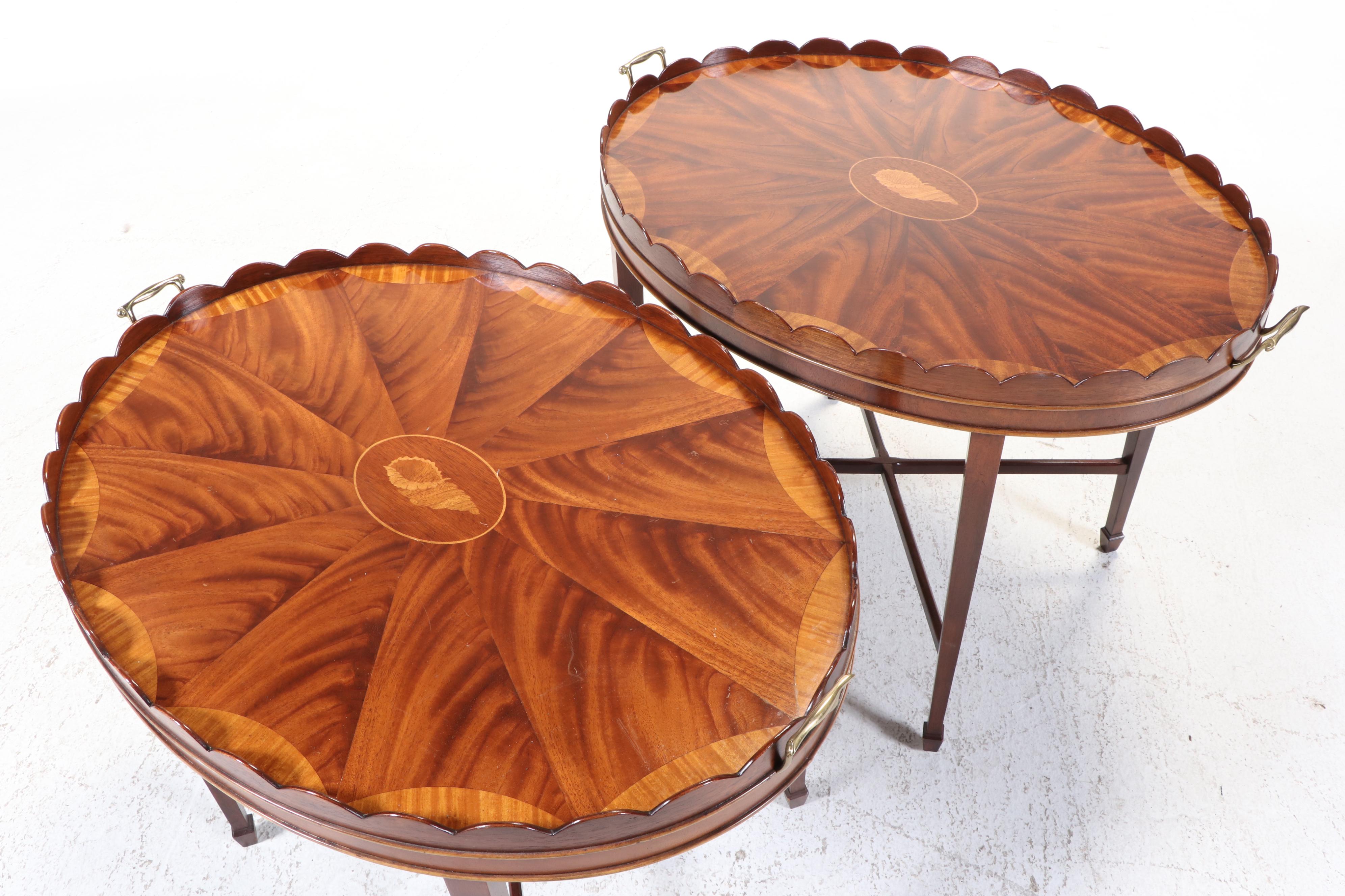 Pair of Baker Furniture Collector's Edition Mahogany Marquetry Top Tray Tables