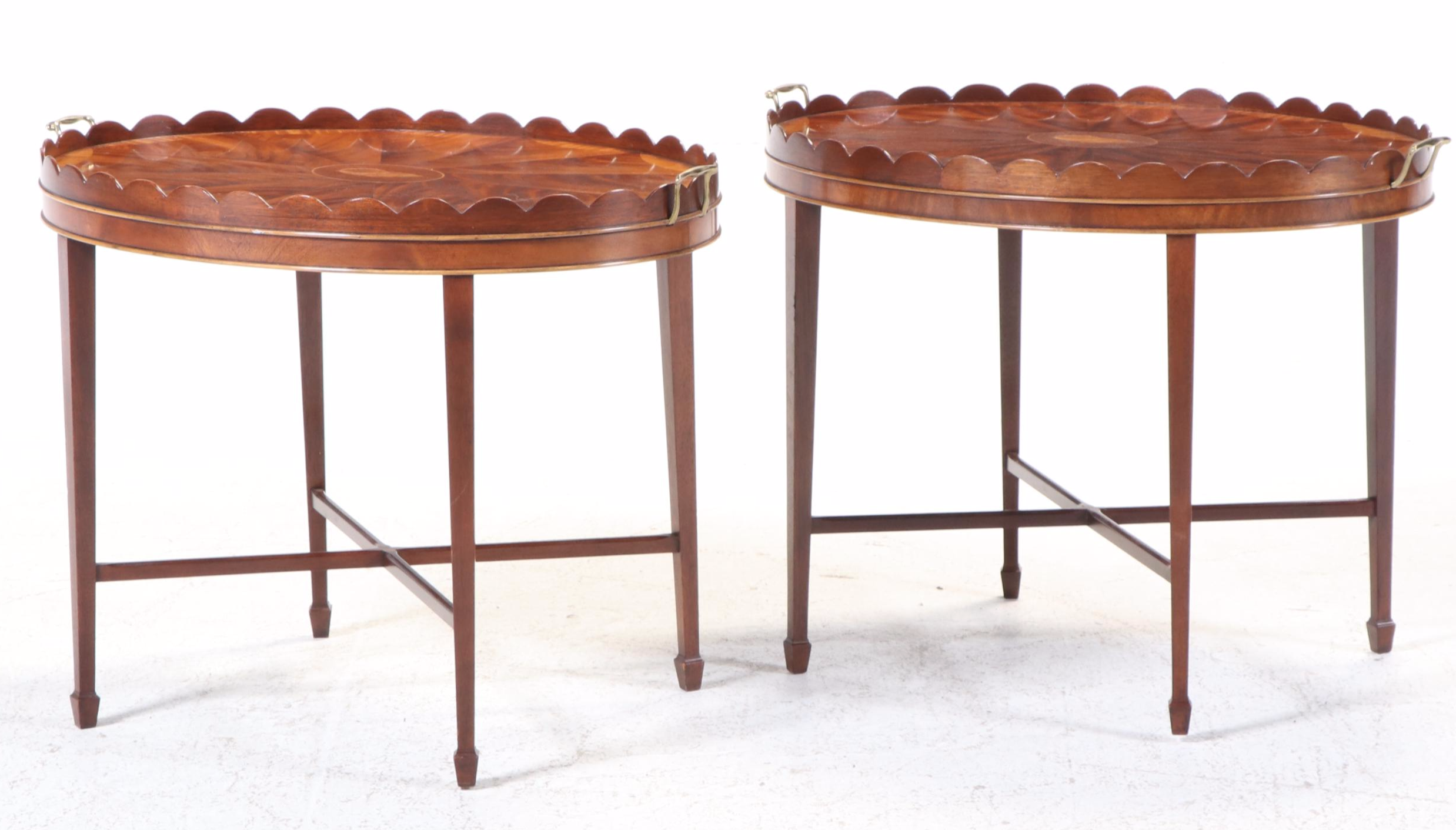 Pair of Baker Furniture Collector's Edition Mahogany Marquetry Top Tray Tables