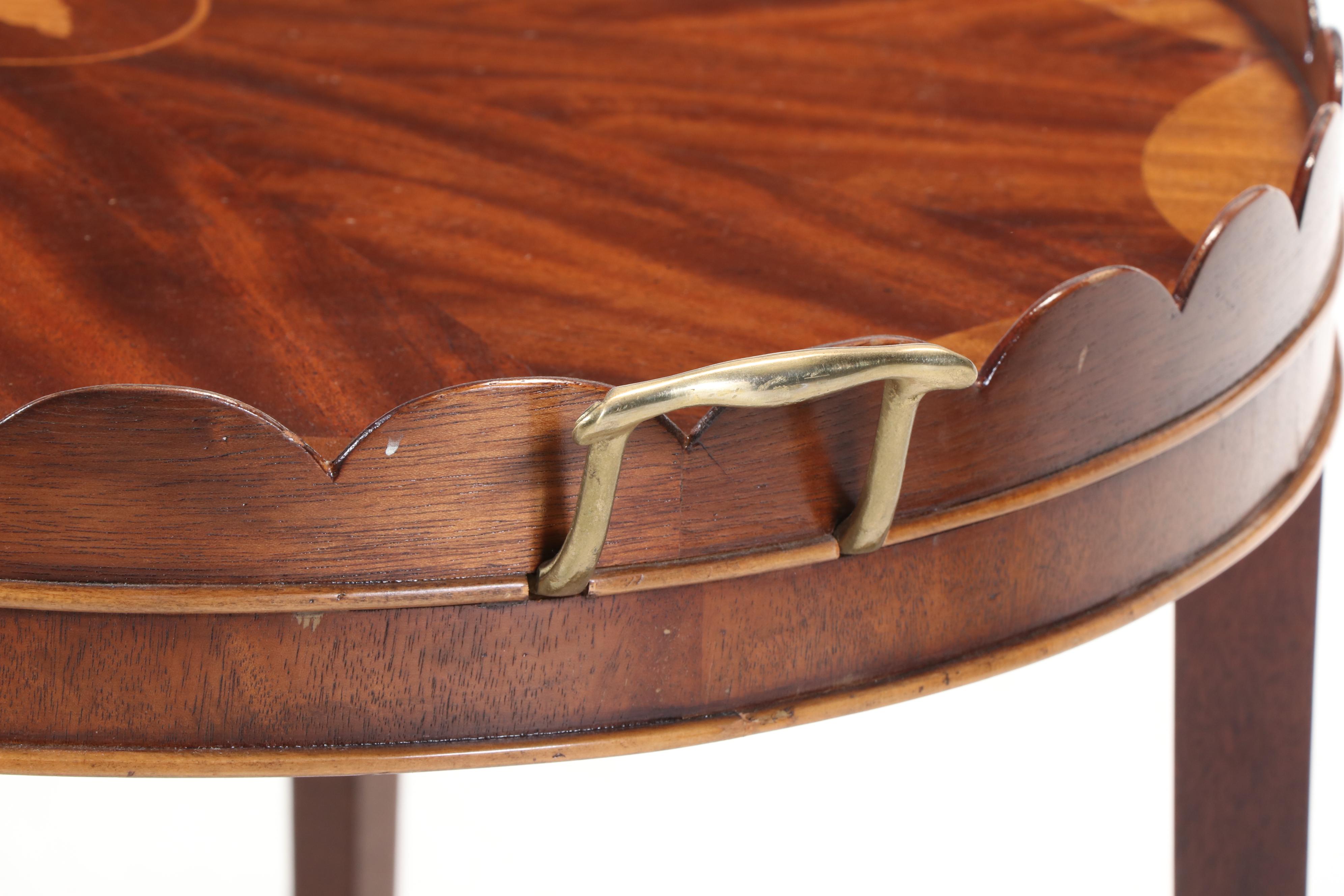 Pair of Baker Furniture Collector's Edition Mahogany Marquetry Top Tray Tables