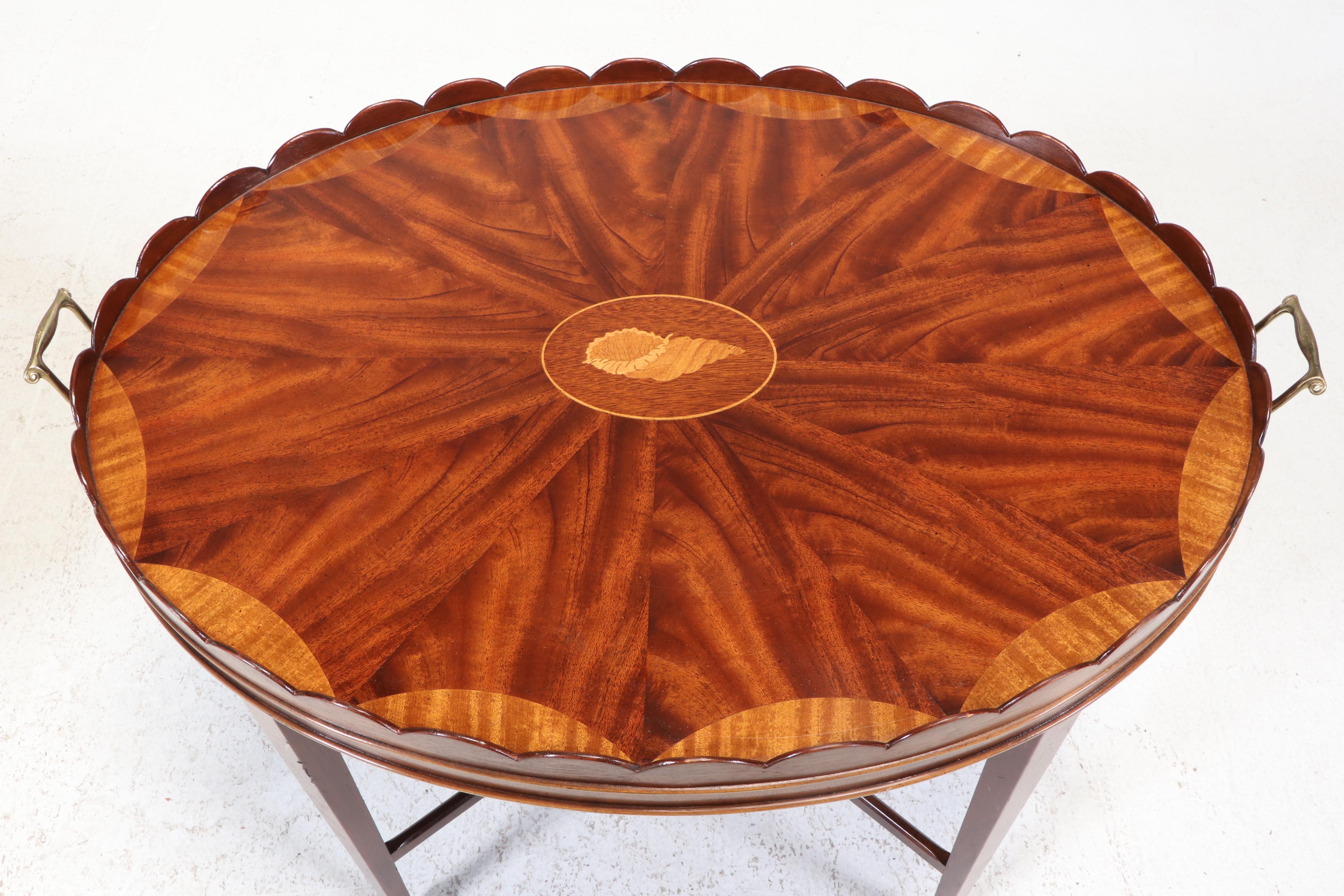 Pair of Baker Furniture Collector's Edition Mahogany Marquetry Top Tray Tables
