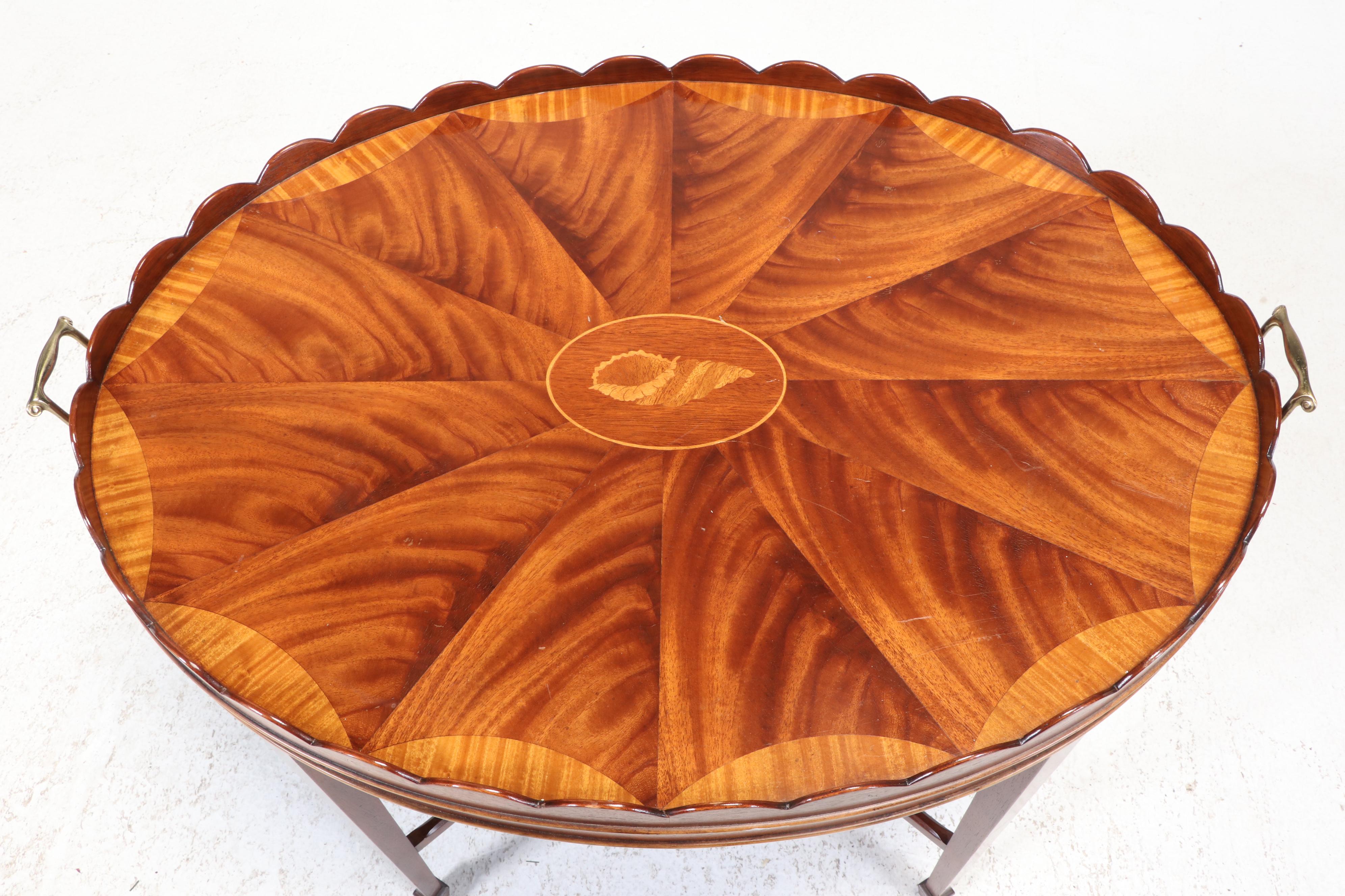 Pair of Baker Furniture Collector's Edition Mahogany Marquetry Top Tray Tables