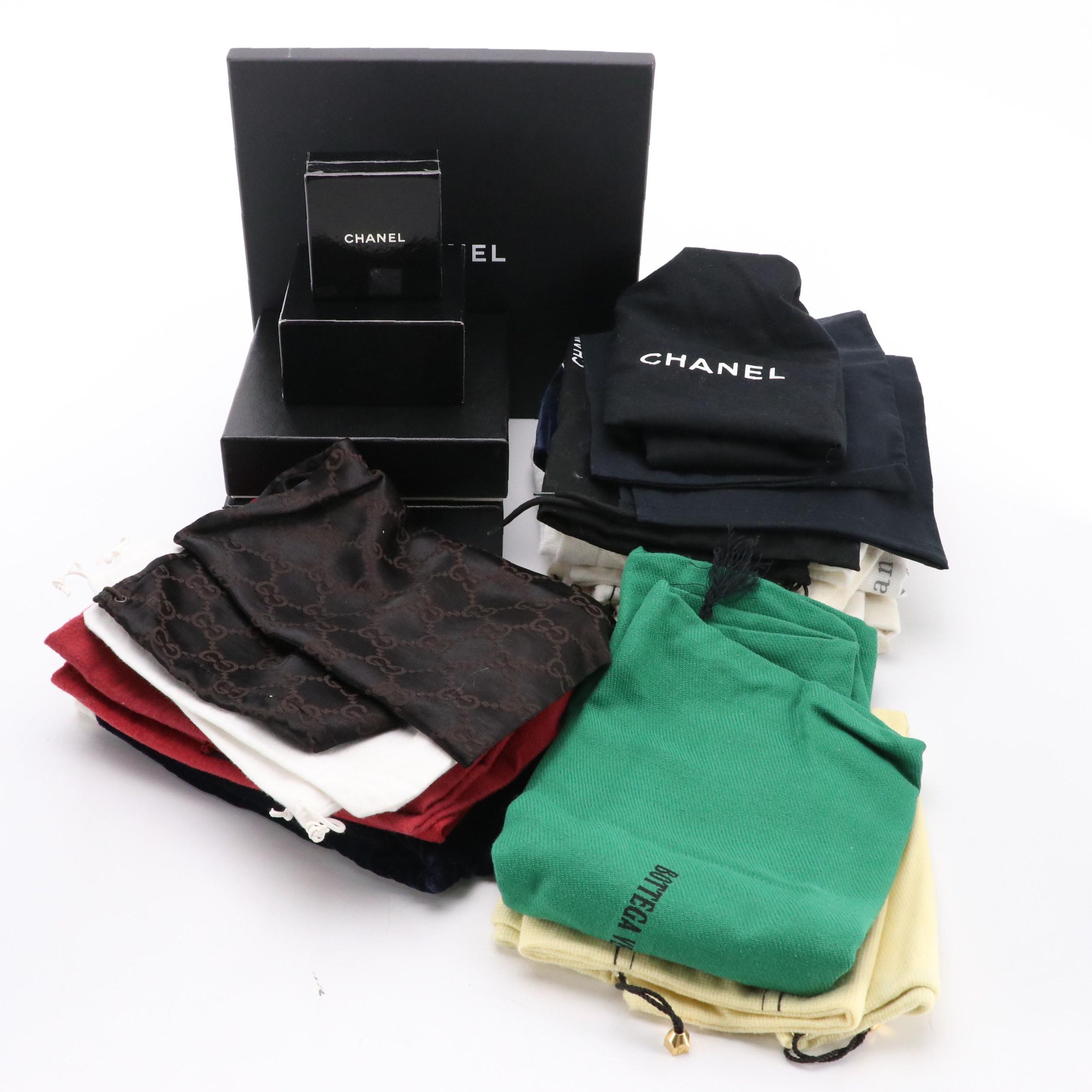 Chanel Retail Boxes & More Designer Dust Bags Featuring Gucci, Dior, Prada, More