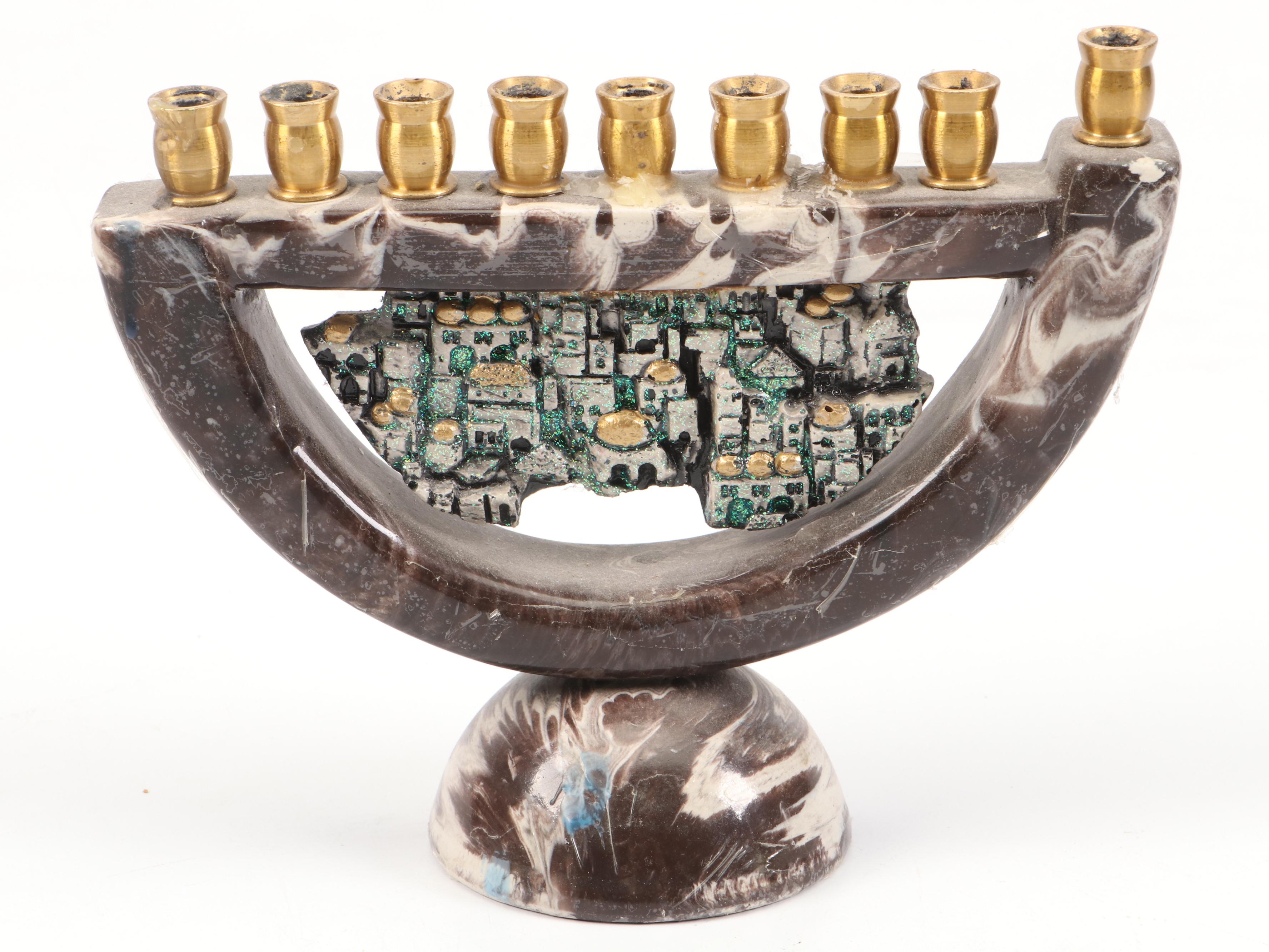 Sandra Kravitz Cast Brass and Other Hannukiah with "Jerusalem" Wall Plate