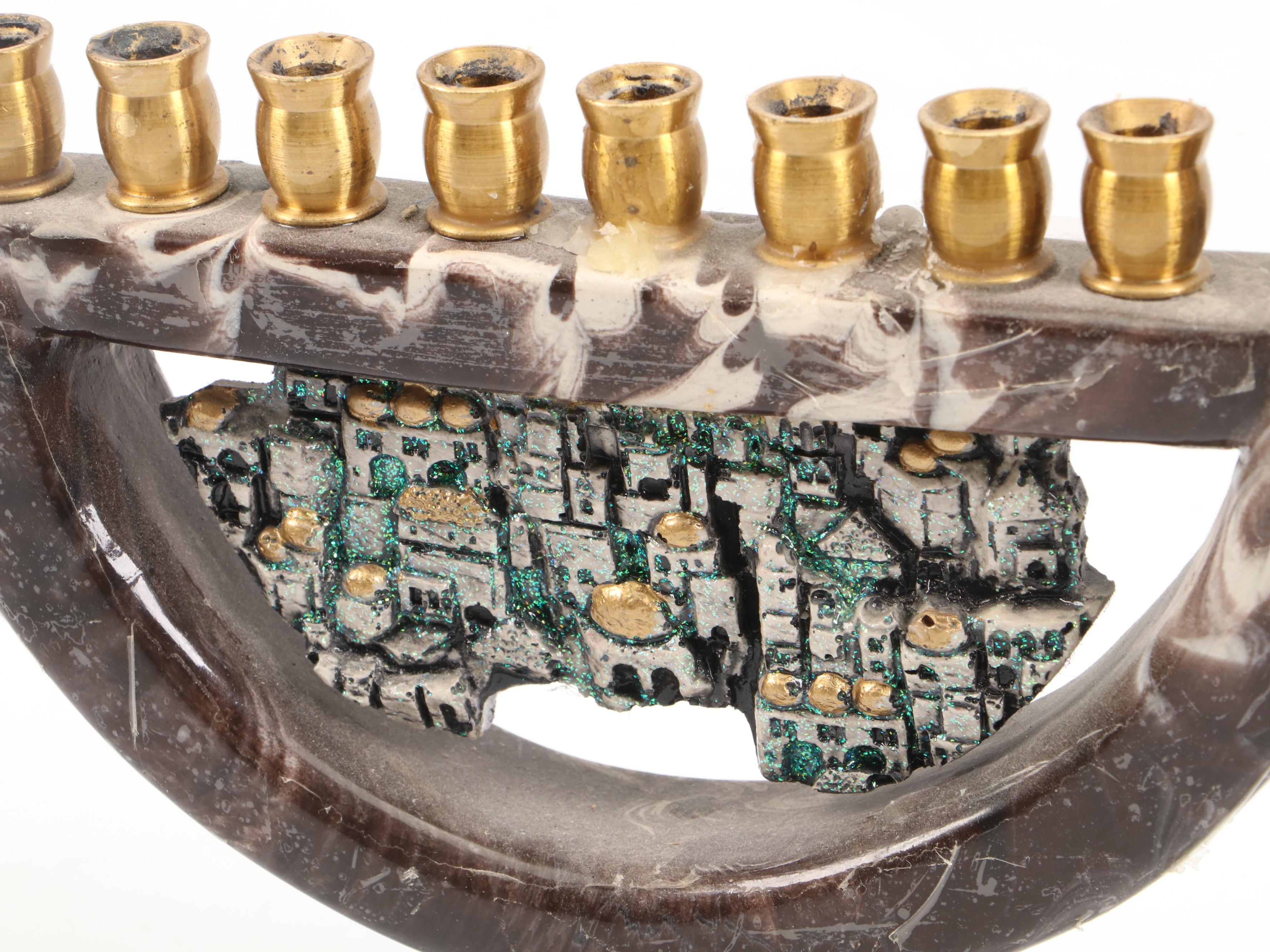 Sandra Kravitz Cast Brass and Other Hannukiah with "Jerusalem" Wall Plate