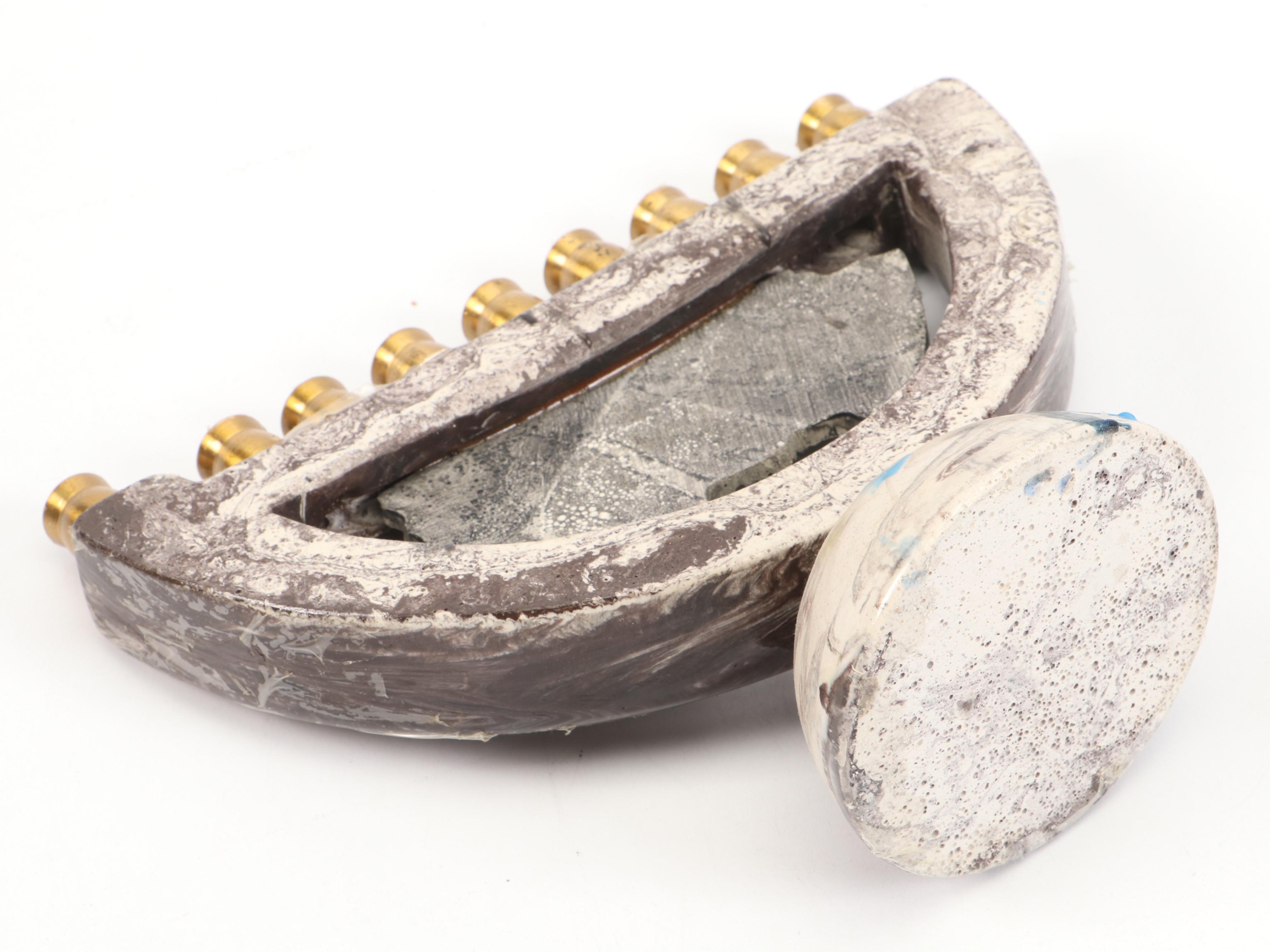 Sandra Kravitz Cast Brass and Other Hannukiah with "Jerusalem" Wall Plate