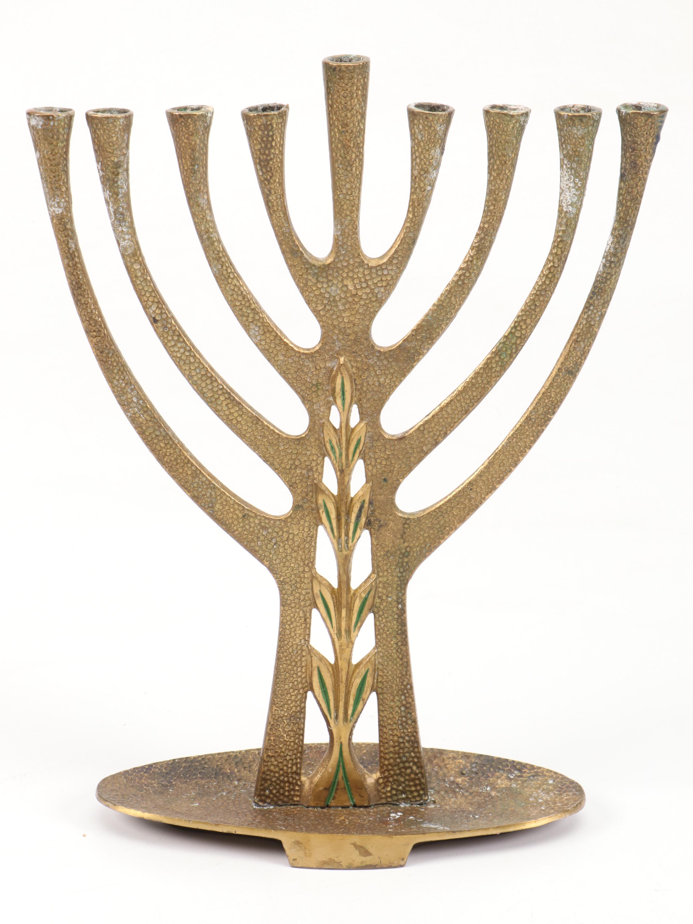 Sandra Kravitz Cast Brass and Other Hannukiah with "Jerusalem" Wall Plate