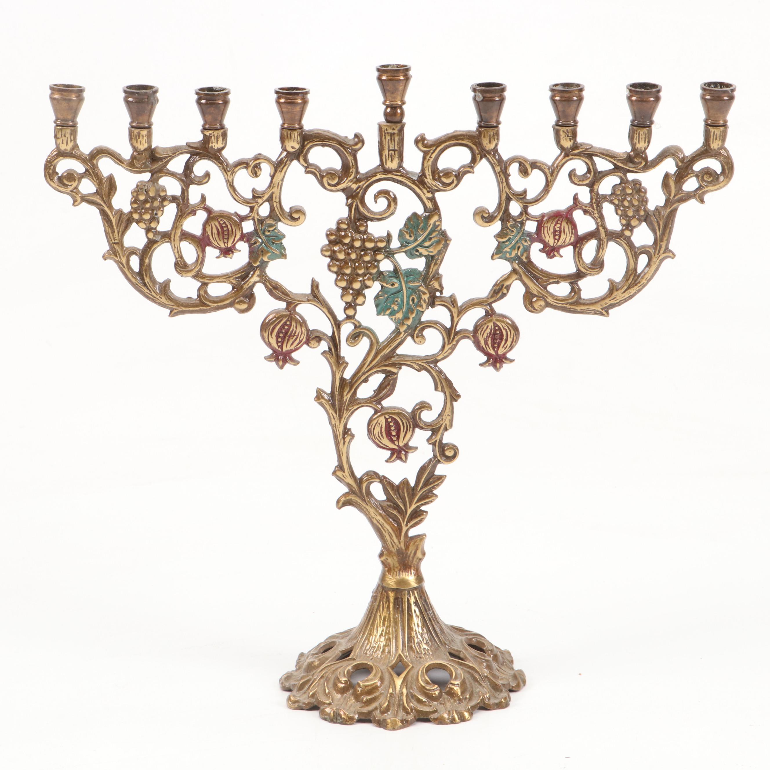 Sandra Kravitz Cast Brass and Other Hannukiah with "Jerusalem" Wall Plate