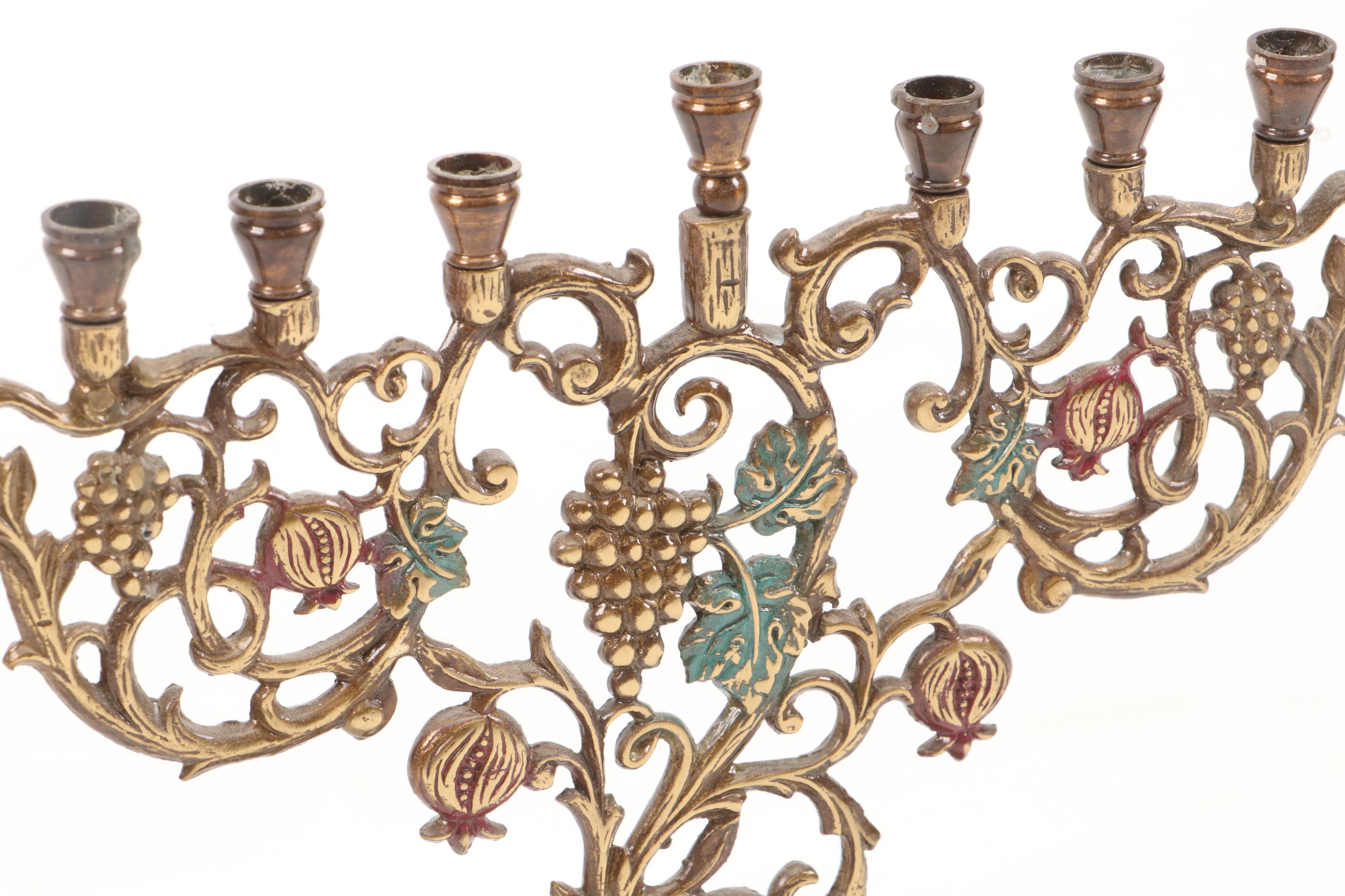 Sandra Kravitz Cast Brass and Other Hannukiah with "Jerusalem" Wall Plate