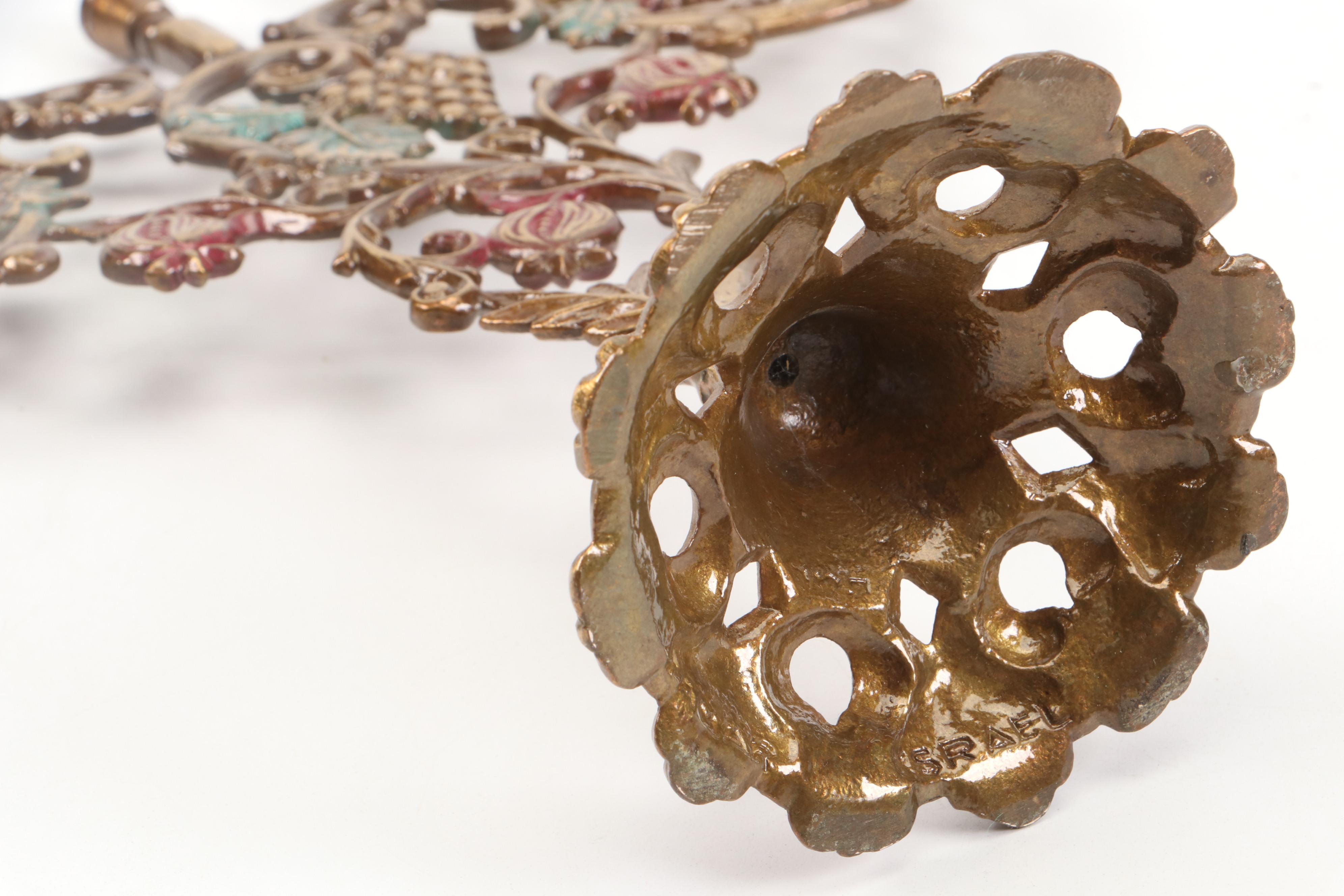 Sandra Kravitz Cast Brass and Other Hannukiah with "Jerusalem" Wall Plate