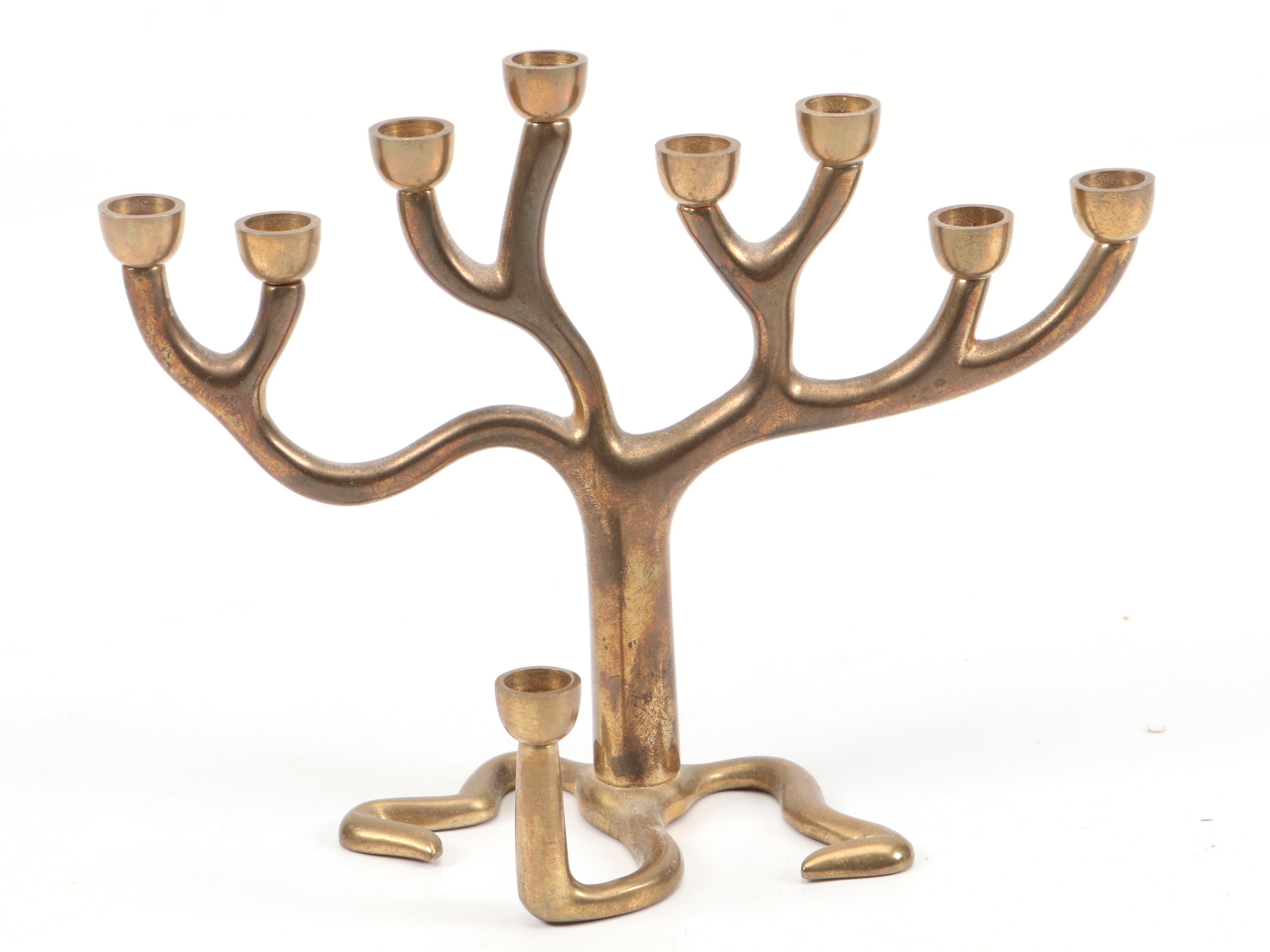 Sandra Kravitz Cast Brass and Other Hannukiah with "Jerusalem" Wall Plate