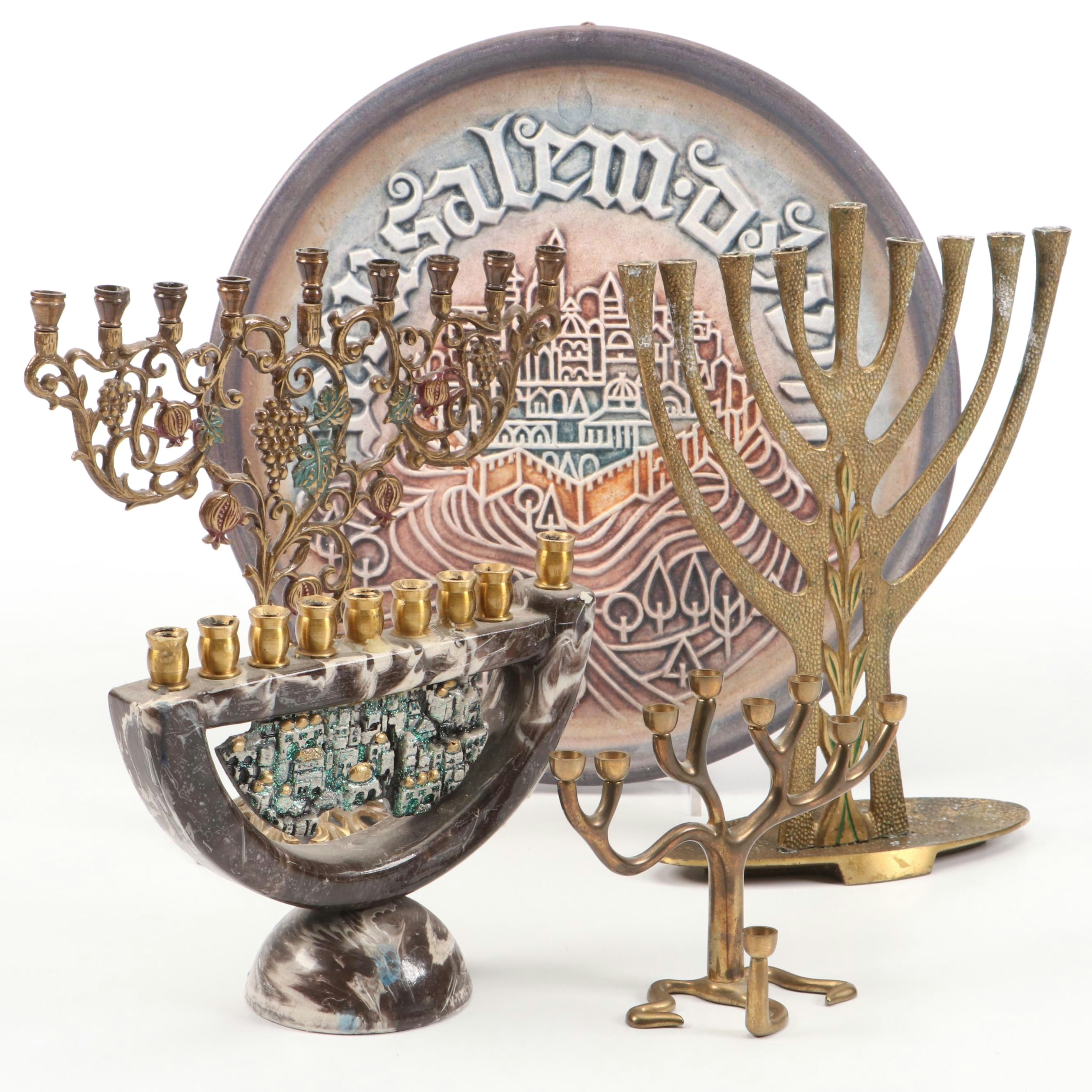 Sandra Kravitz Cast Brass and Other Hannukiah with "Jerusalem" Wall Plate