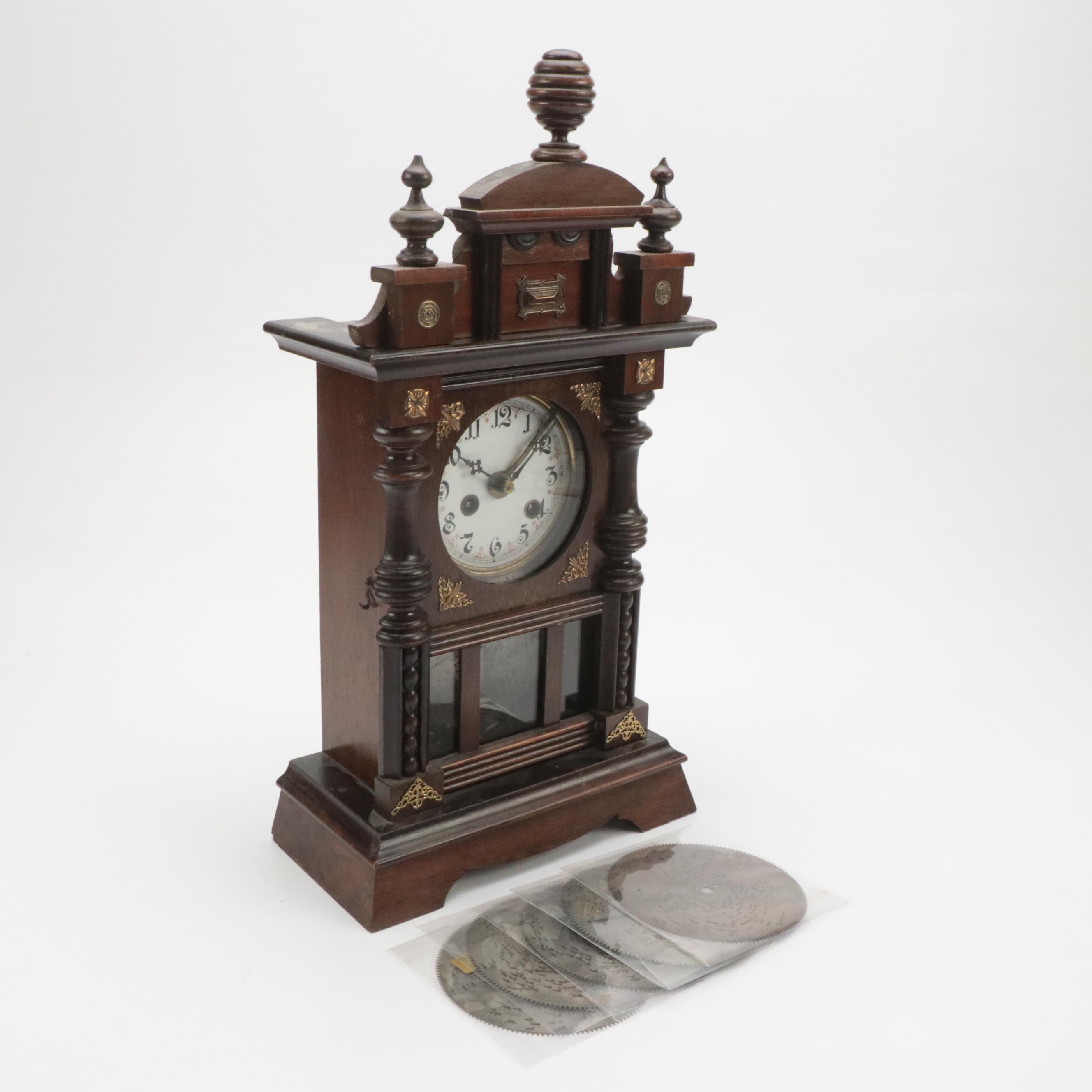 Junghans German Carved Wooden Mantel Clock with Arion Disc Music Box