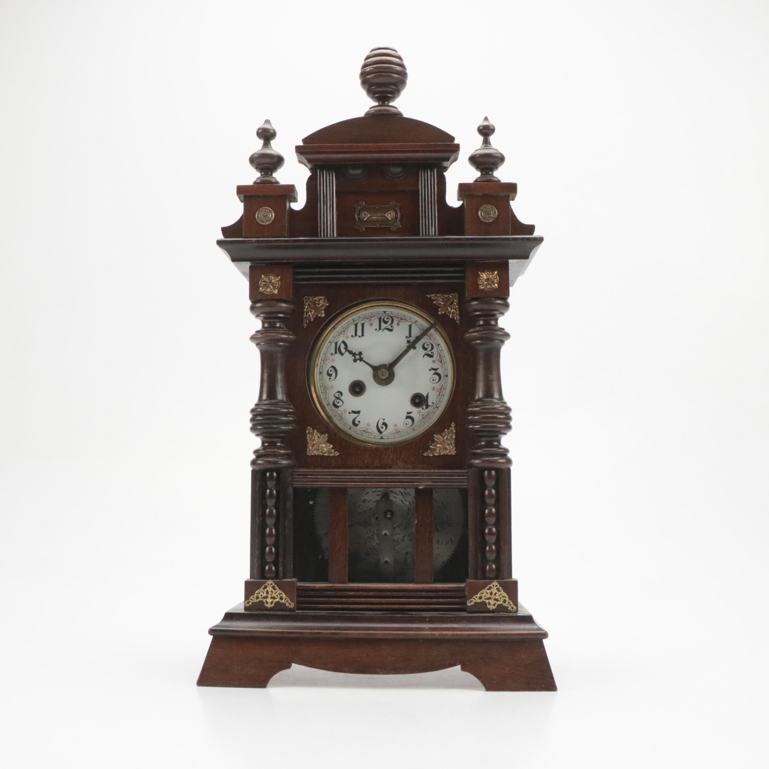 Junghans German Carved Wooden Mantel Clock with Arion Disc Music Box