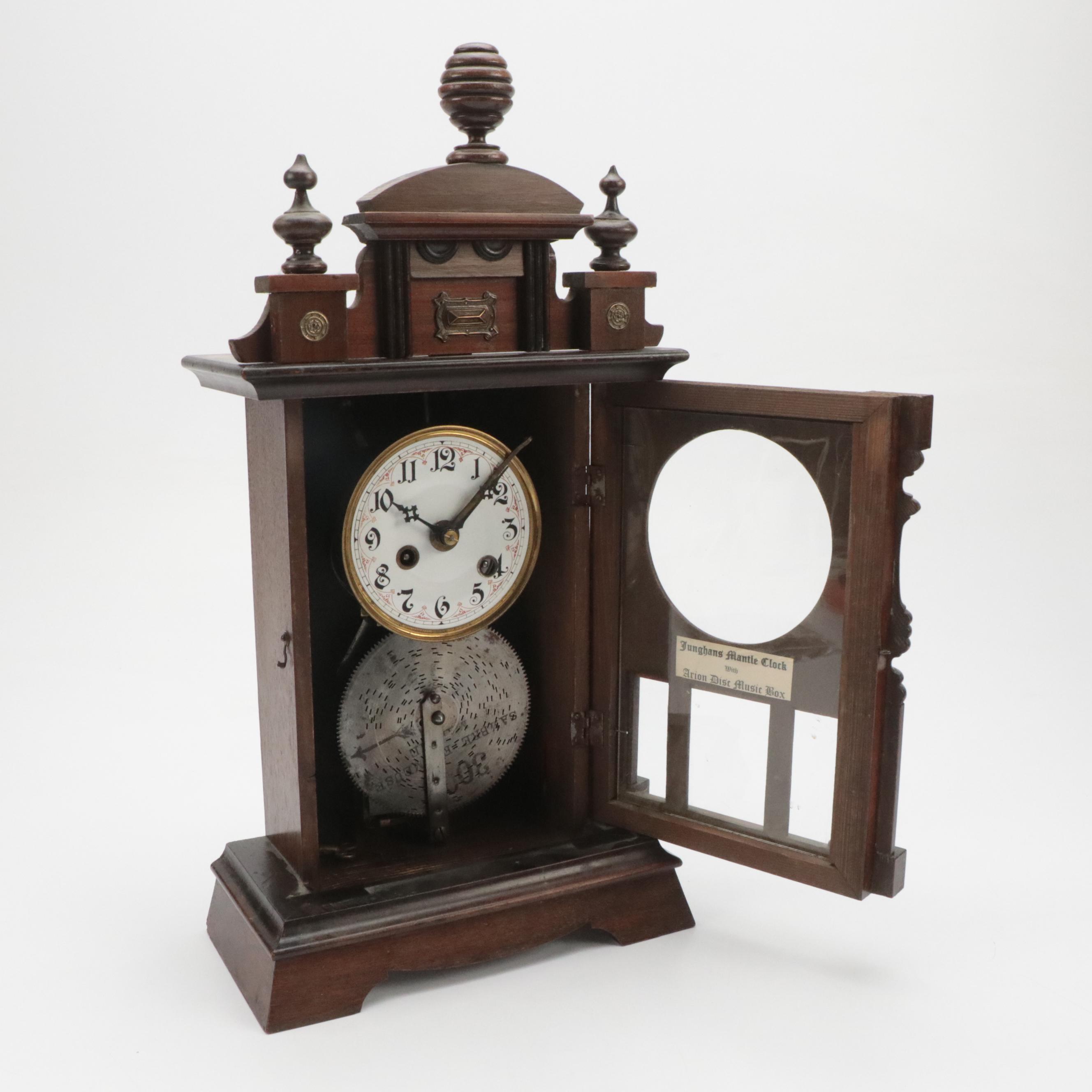 Junghans German Carved Wooden Mantel Clock with Arion Disc Music Box