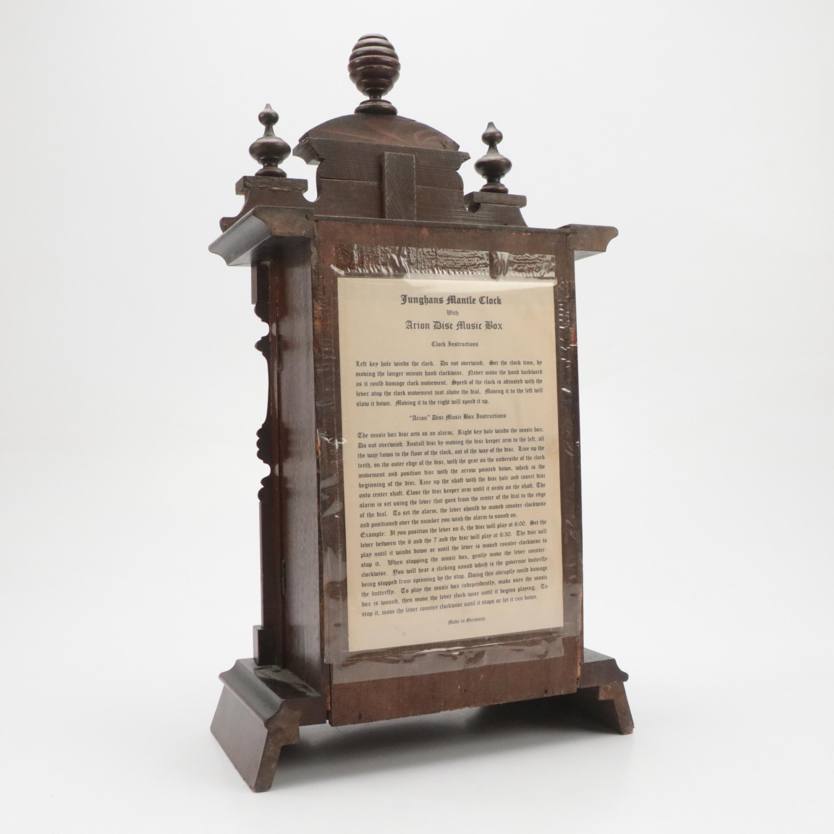 Junghans German Carved Wooden Mantel Clock with Arion Disc Music Box