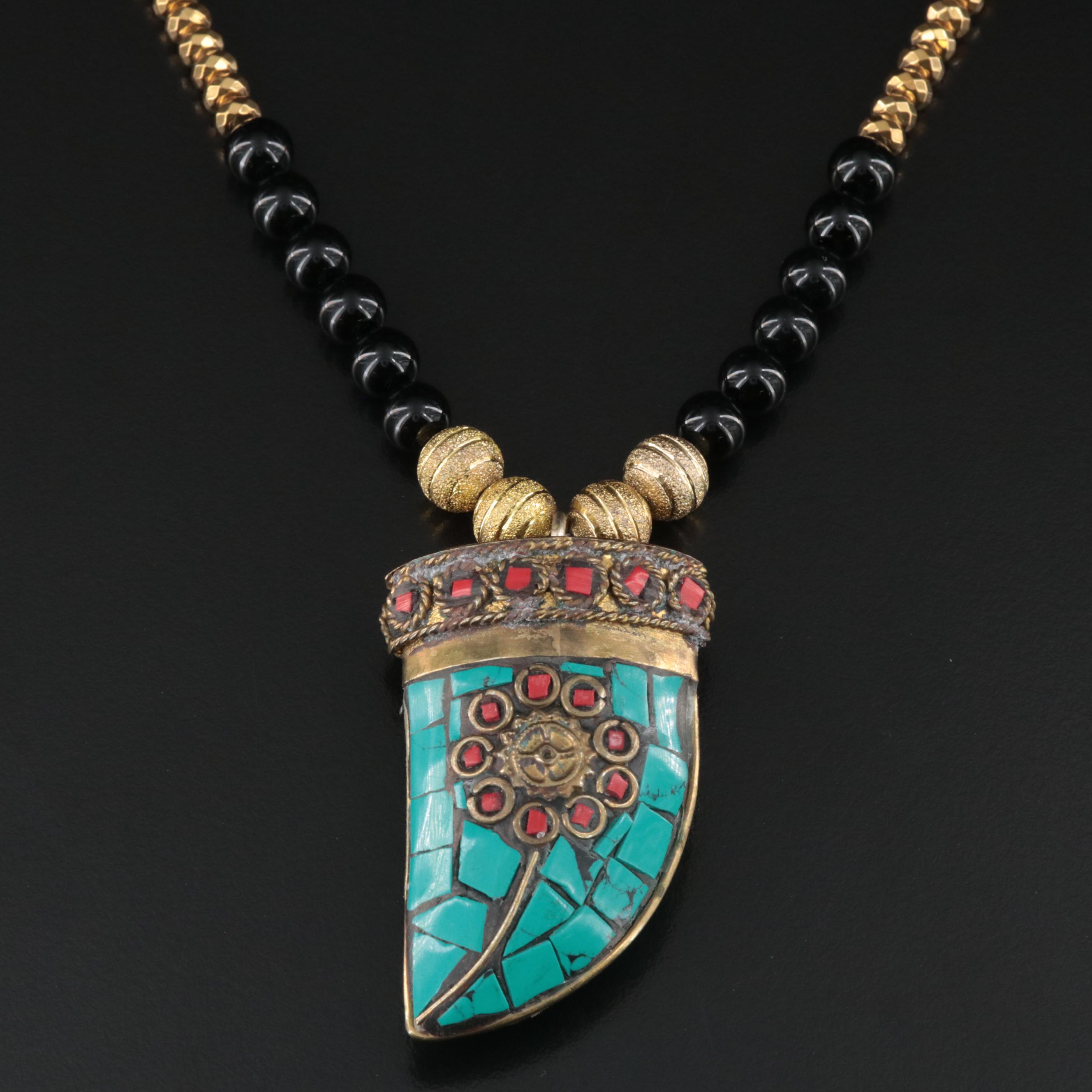 Fang Necklace Including Black Onyx, Faux Stone, Rhinestone