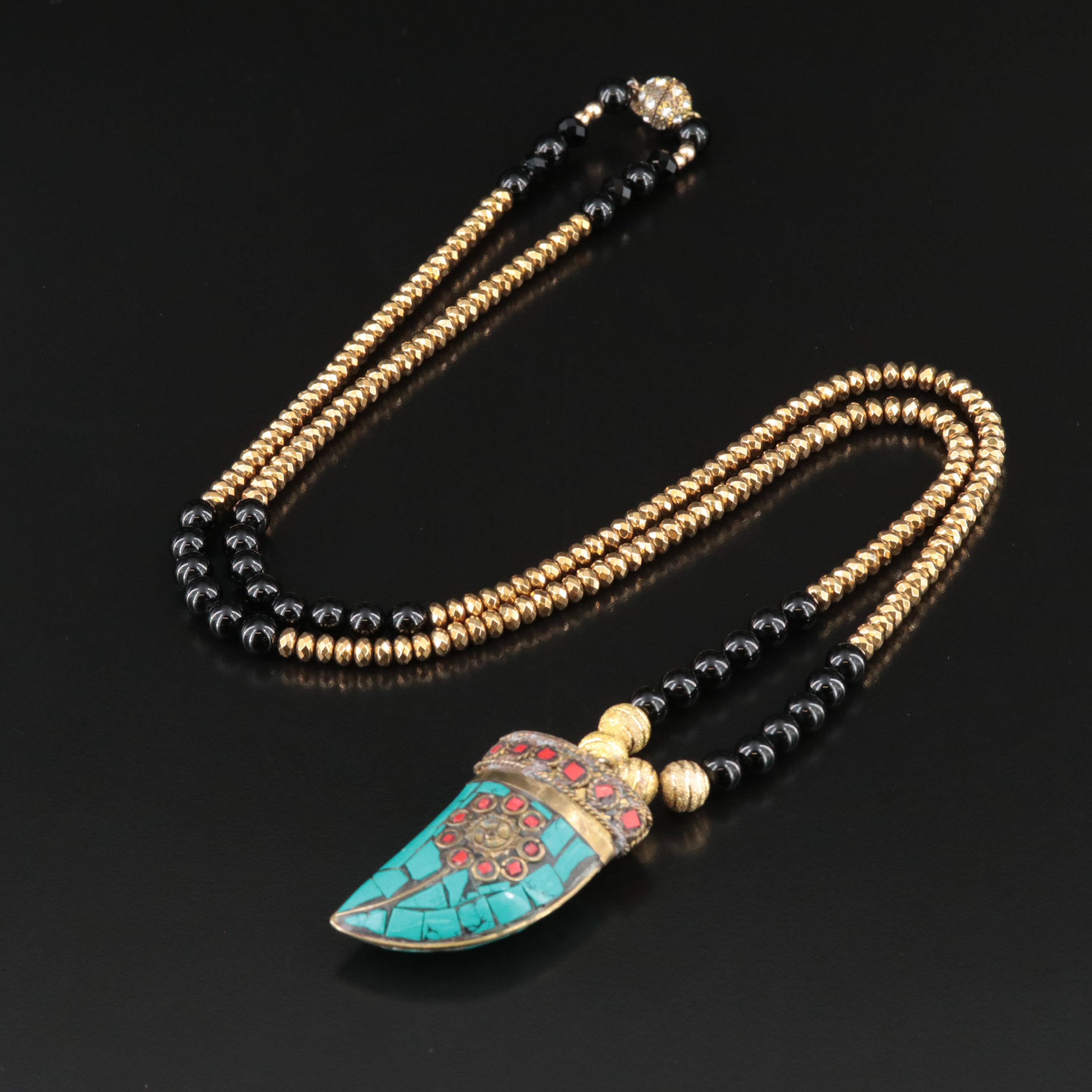 Fang Necklace Including Black Onyx, Faux Stone, Rhinestone