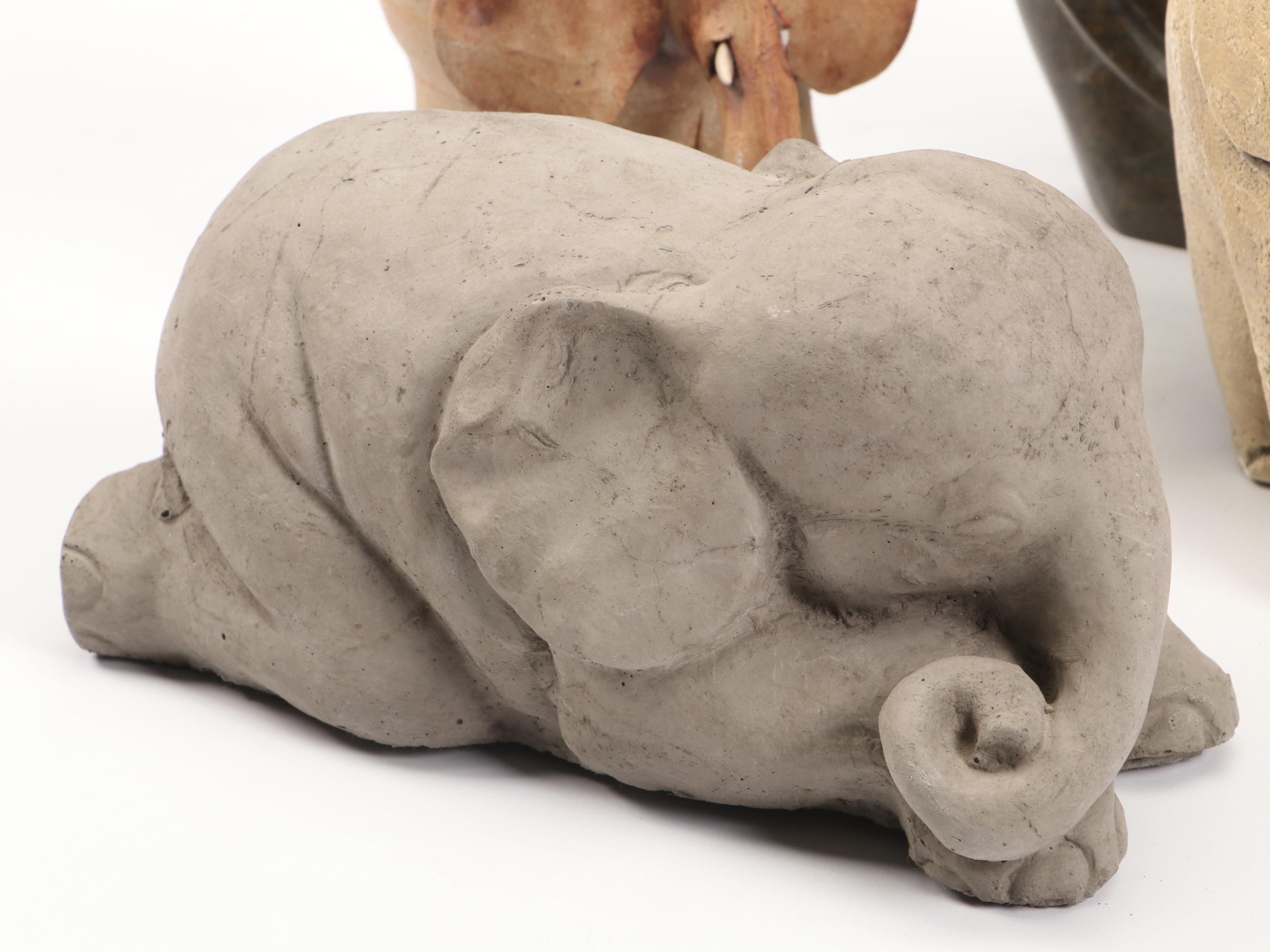 Artist-Made Stoneware Elephant Planter with Concrete and More Elephant Figurines