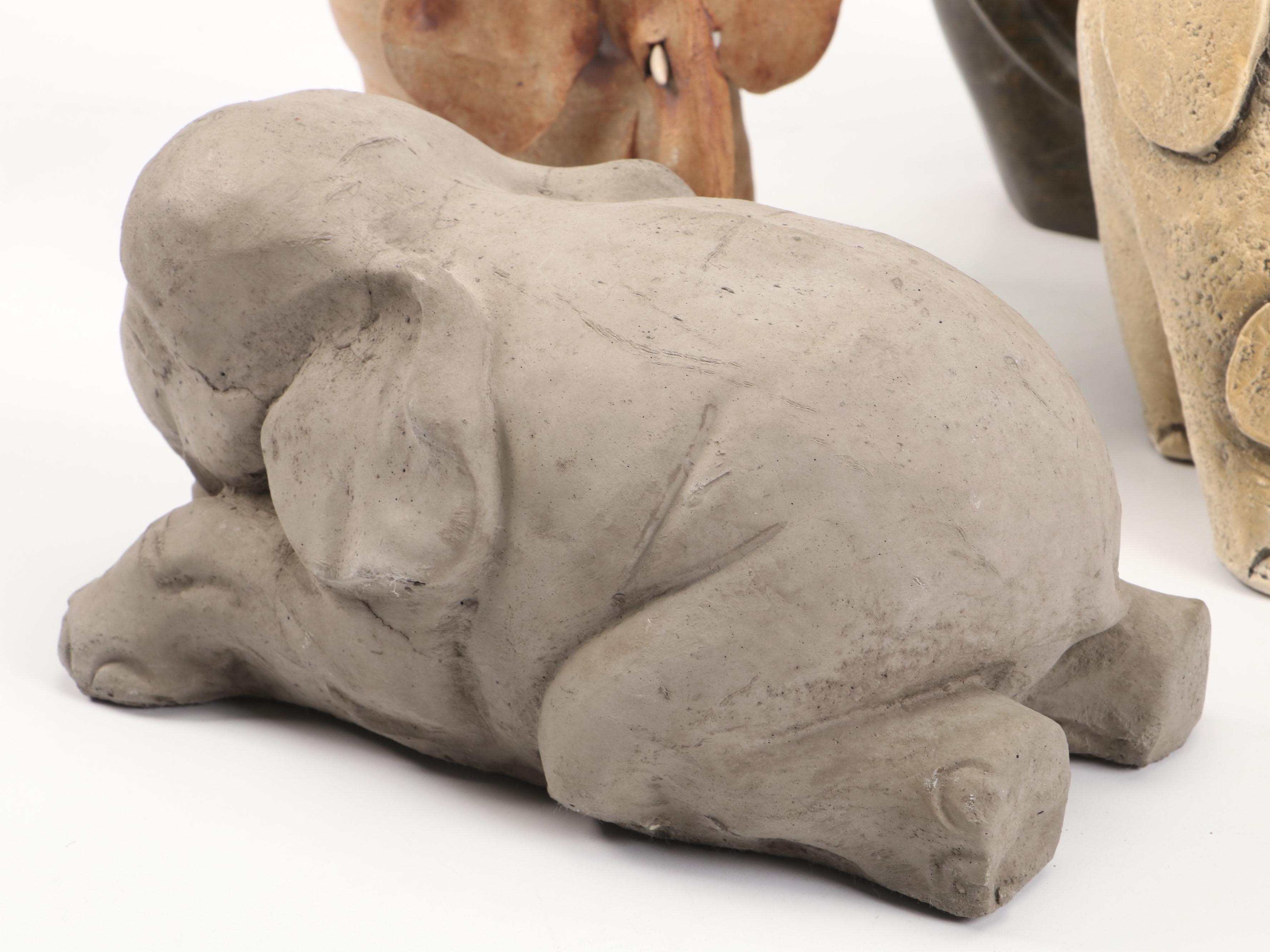 Artist-Made Stoneware Elephant Planter with Concrete and More Elephant Figurines