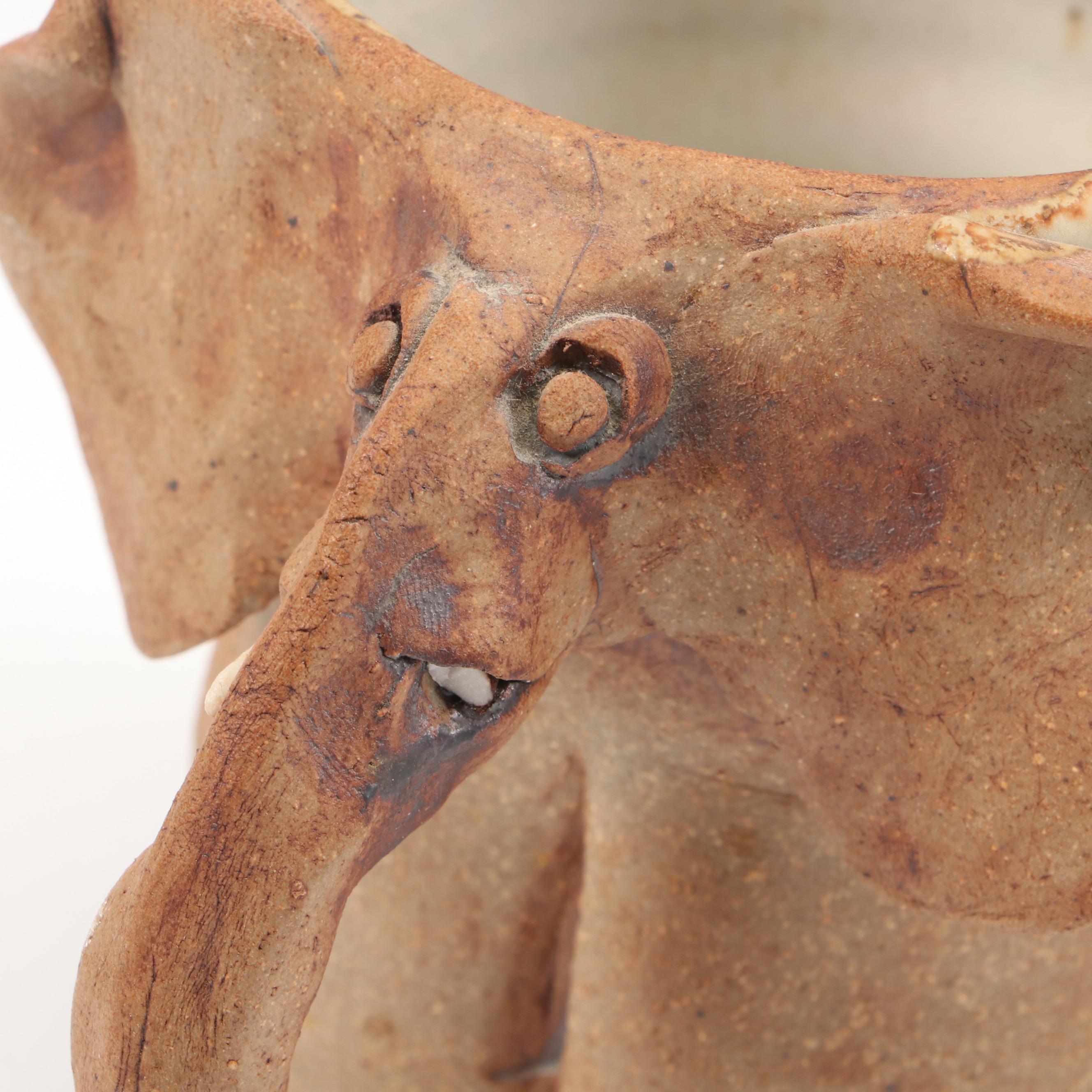 Artist-Made Stoneware Elephant Planter with Concrete and More Elephant Figurines