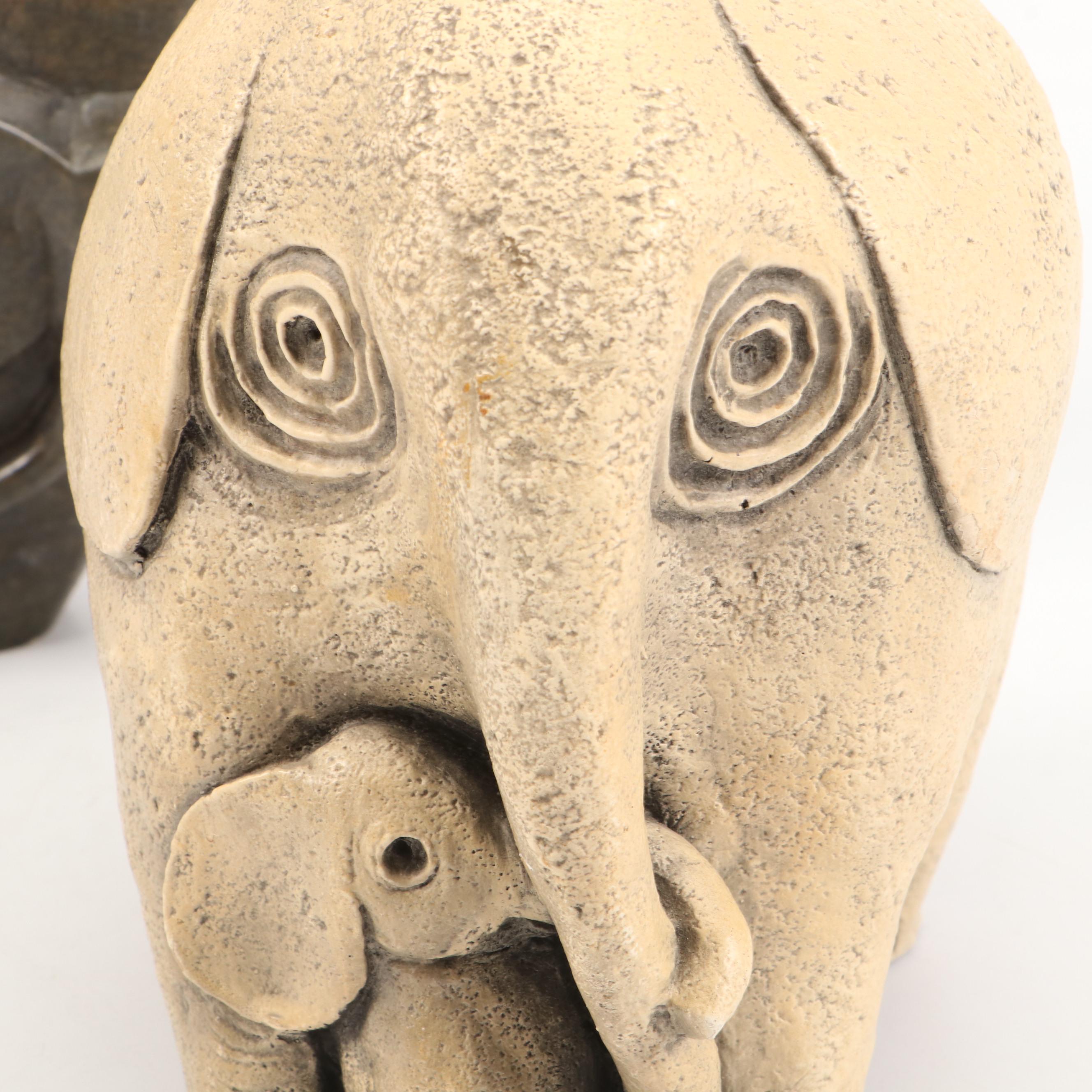 Artist-Made Stoneware Elephant Planter with Concrete and More Elephant Figurines