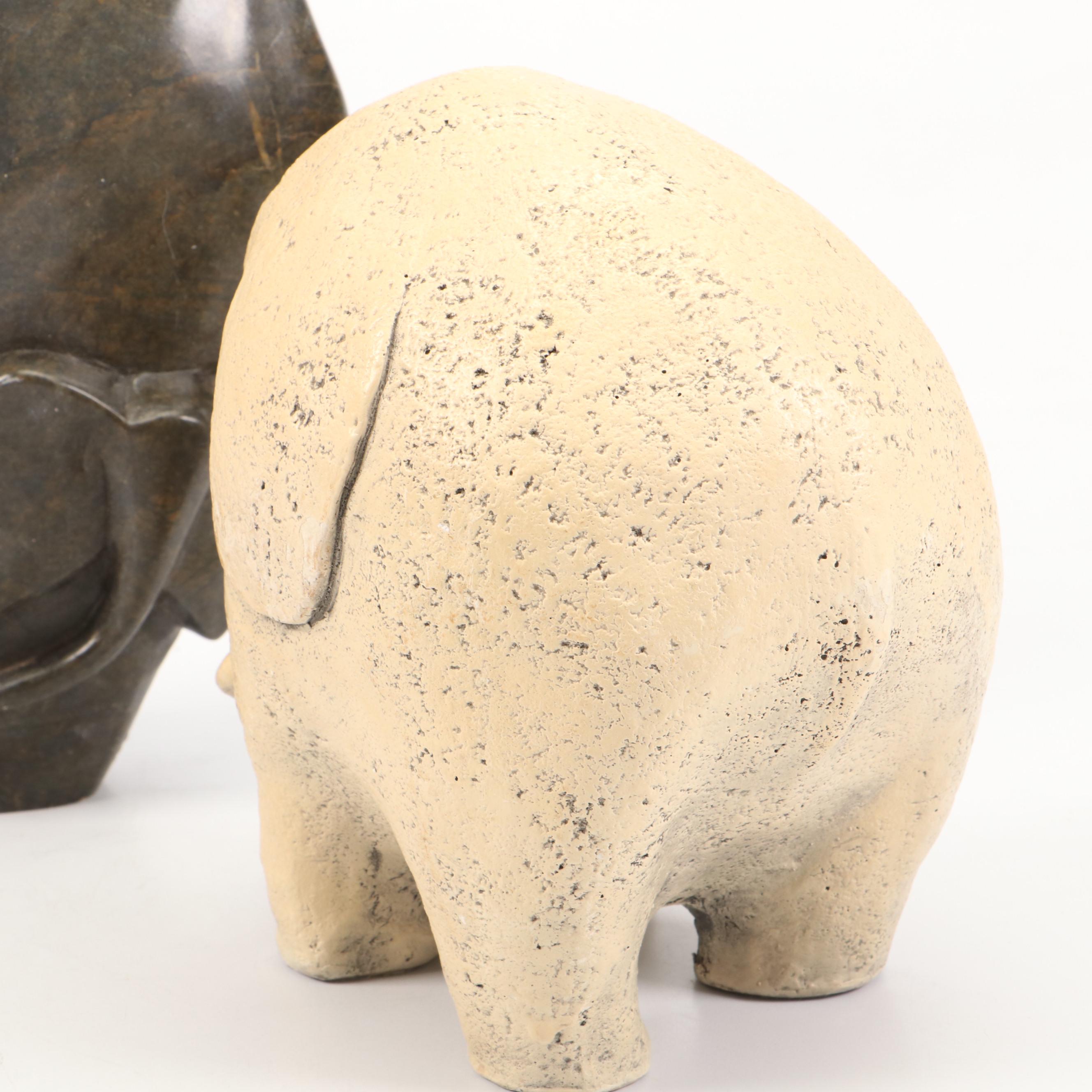 Artist-Made Stoneware Elephant Planter with Concrete and More Elephant Figurines