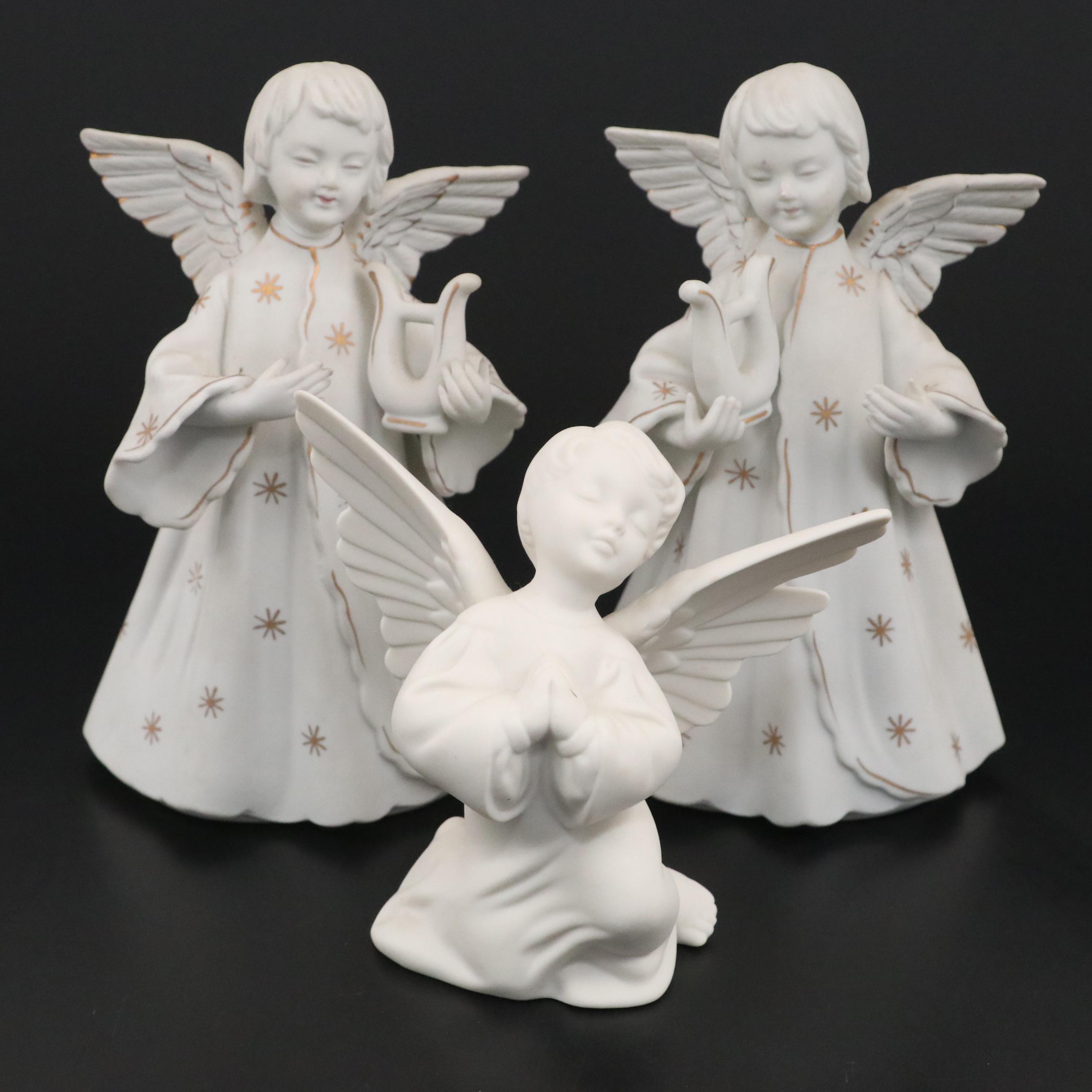 Scmid Bros. Gilt Bisque Porcelain Angel Candle Holders with Other Angel Figurine