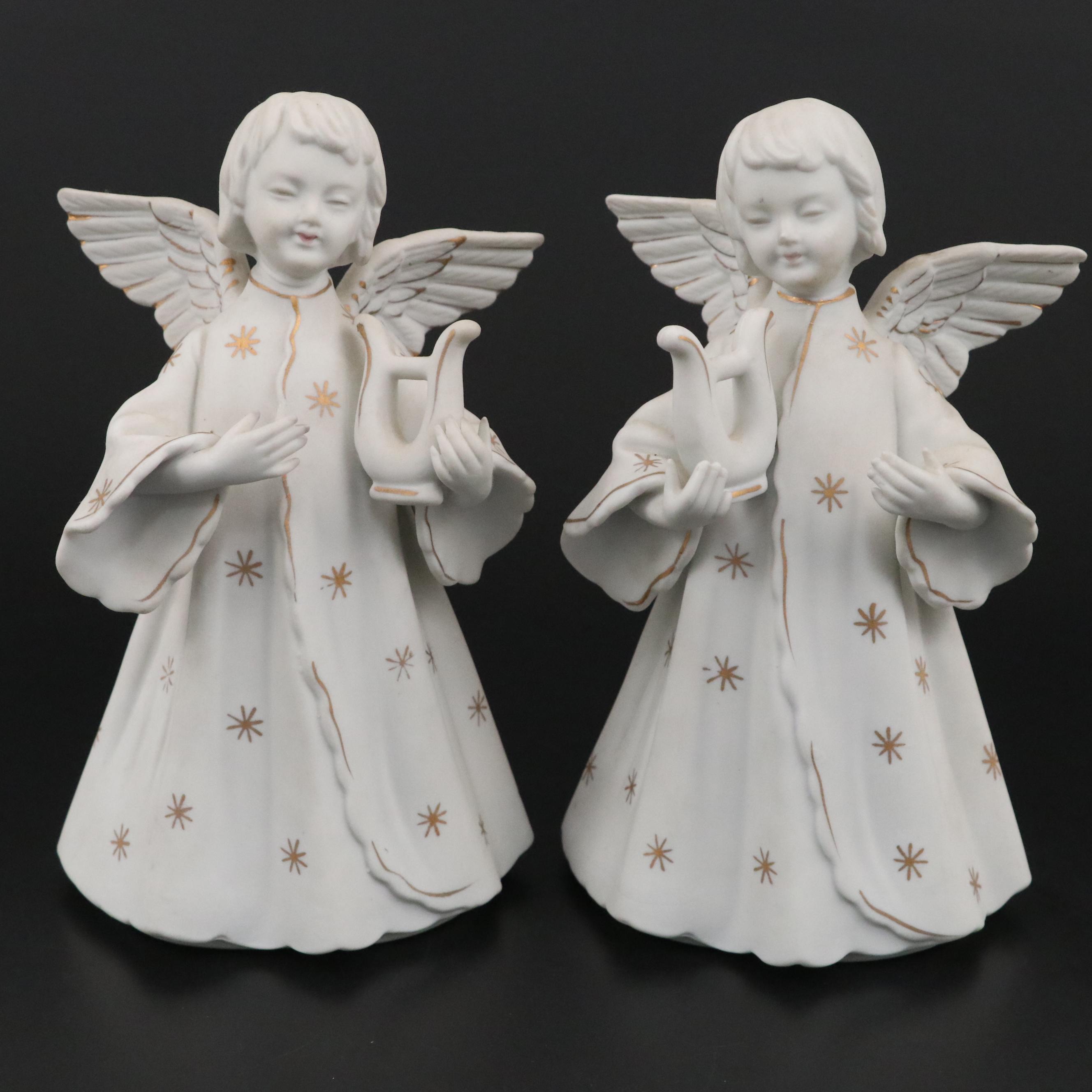 Scmid Bros. Gilt Bisque Porcelain Angel Candle Holders with Other Angel Figurine