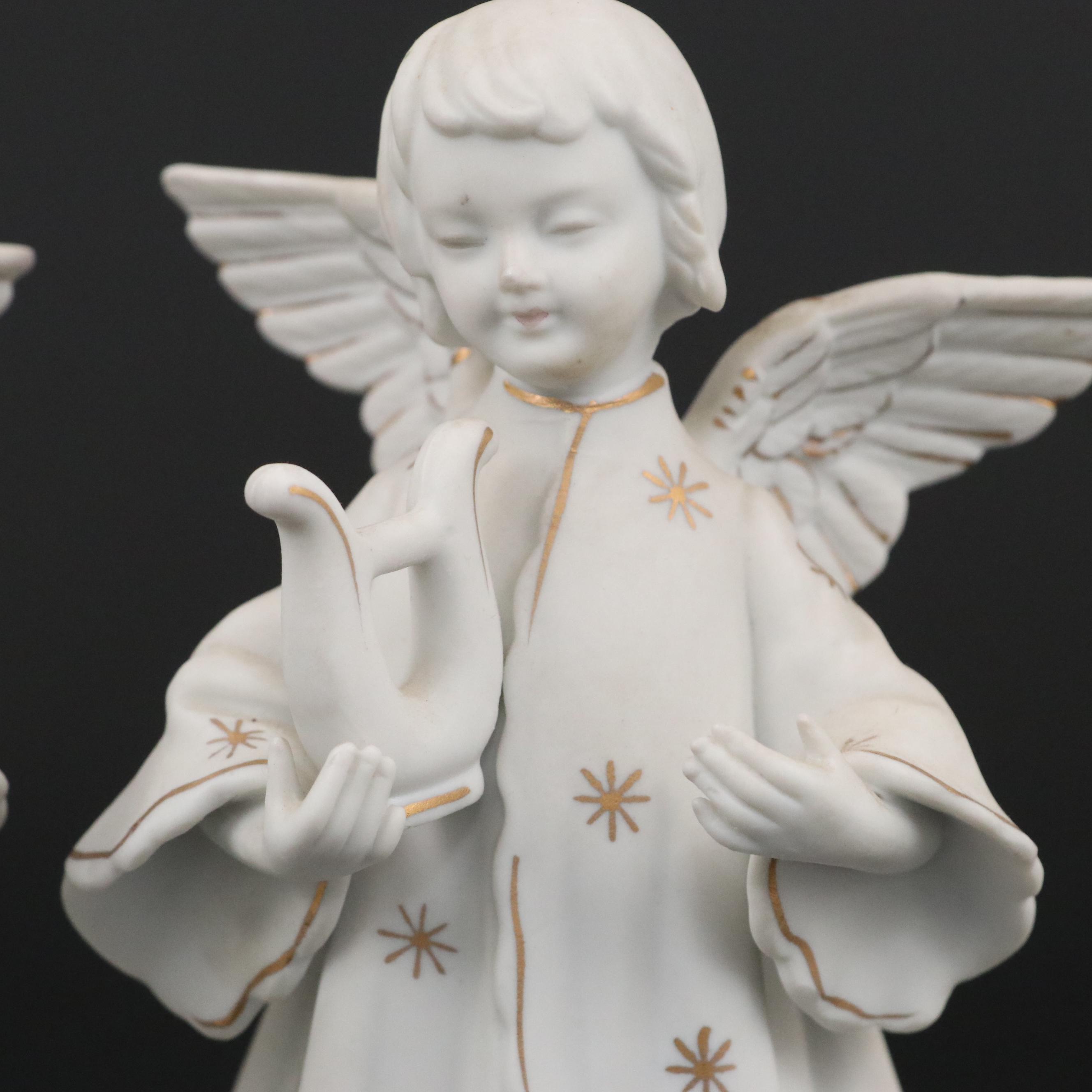 Scmid Bros. Gilt Bisque Porcelain Angel Candle Holders with Other Angel Figurine