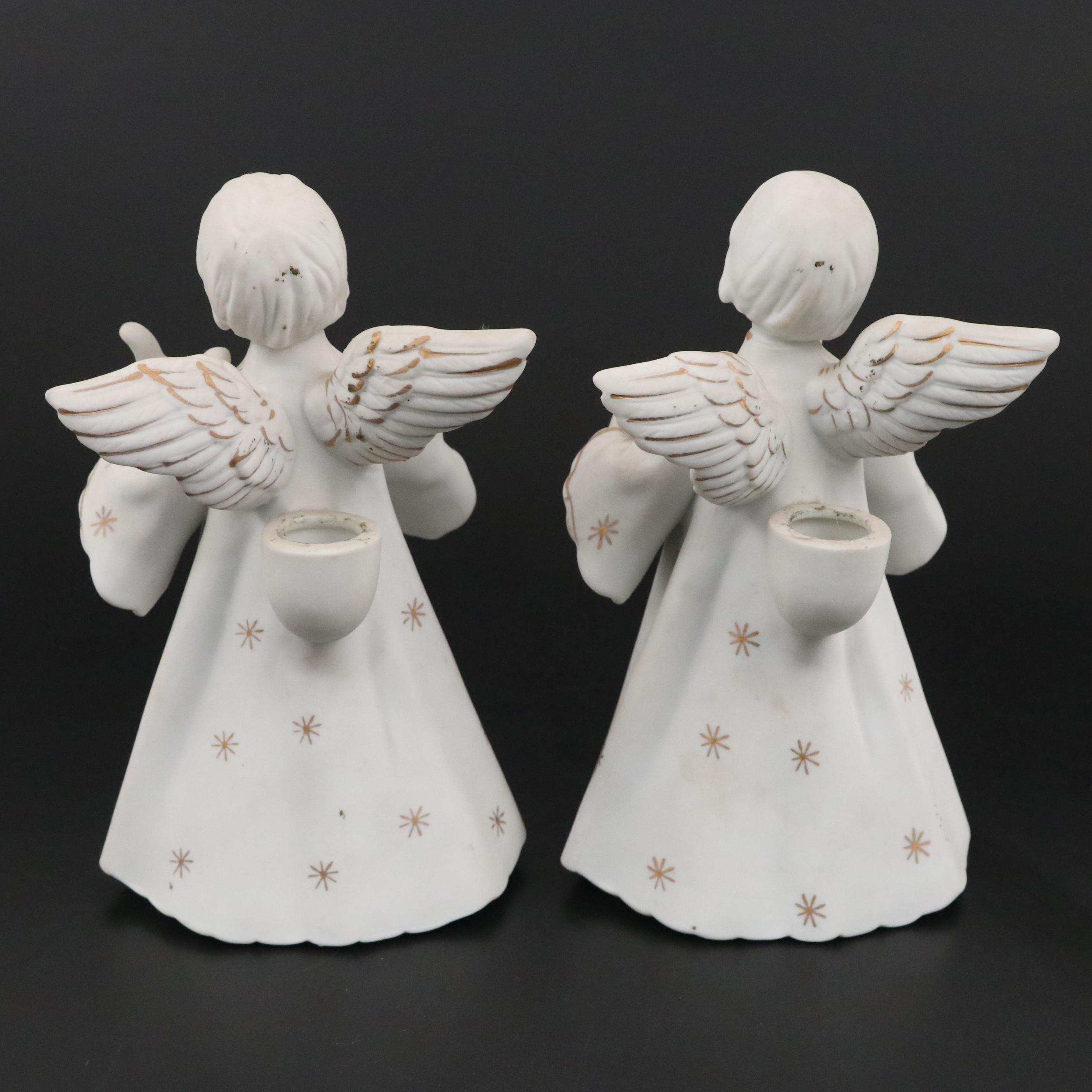 Scmid Bros. Gilt Bisque Porcelain Angel Candle Holders with Other Angel Figurine