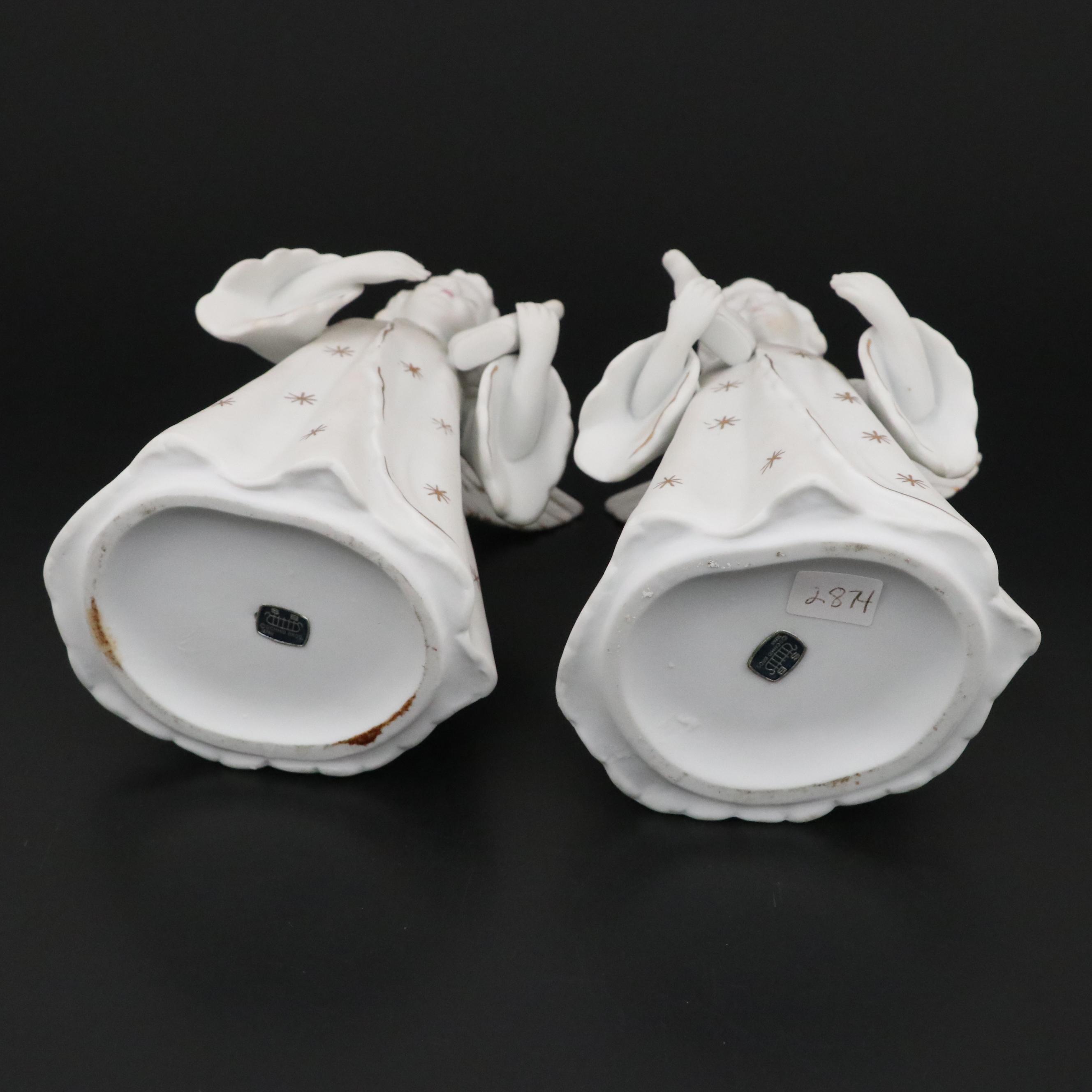 Scmid Bros. Gilt Bisque Porcelain Angel Candle Holders with Other Angel Figurine