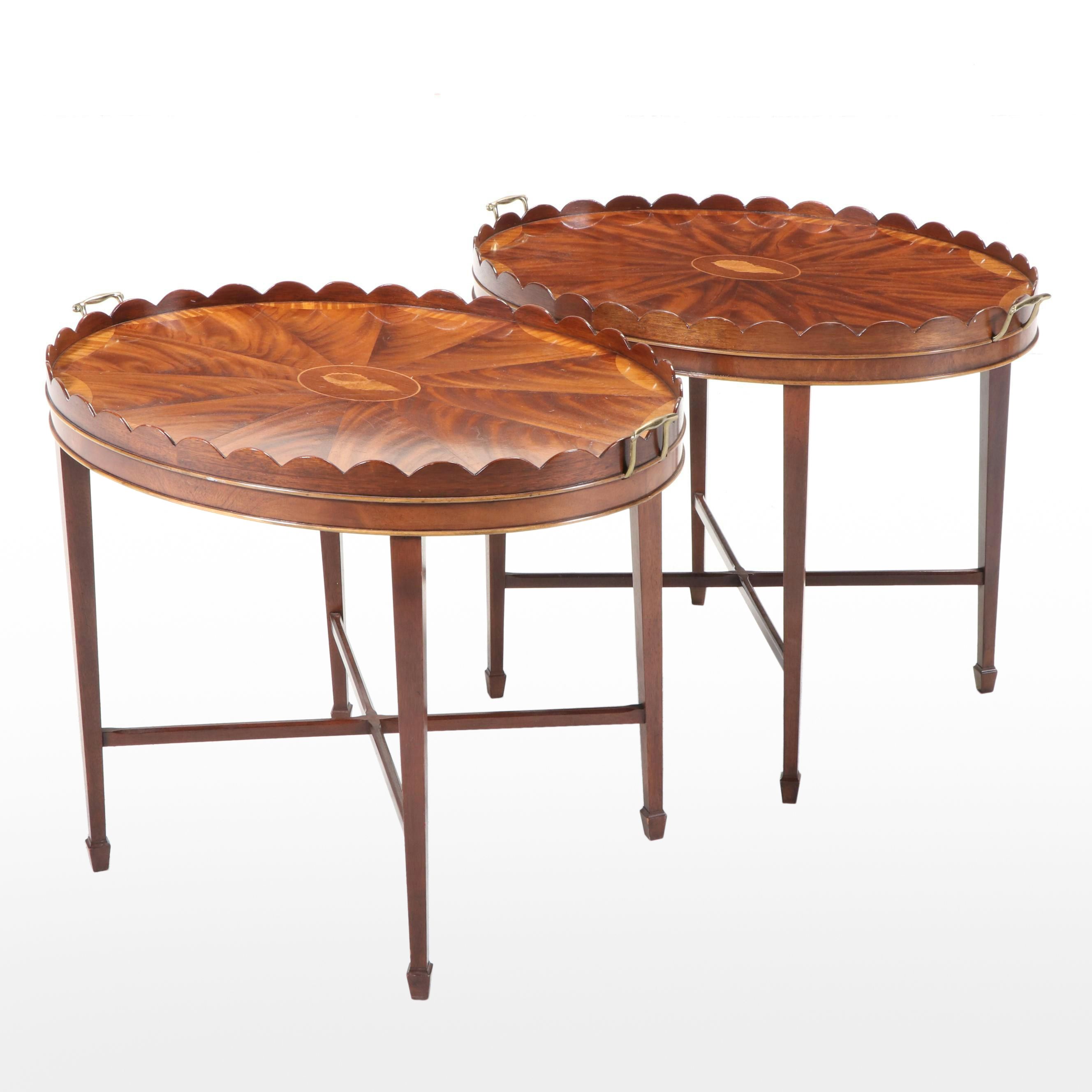 Pair of Baker Furniture Collector's Edition Mahogany Marquetry Top Tray Tables