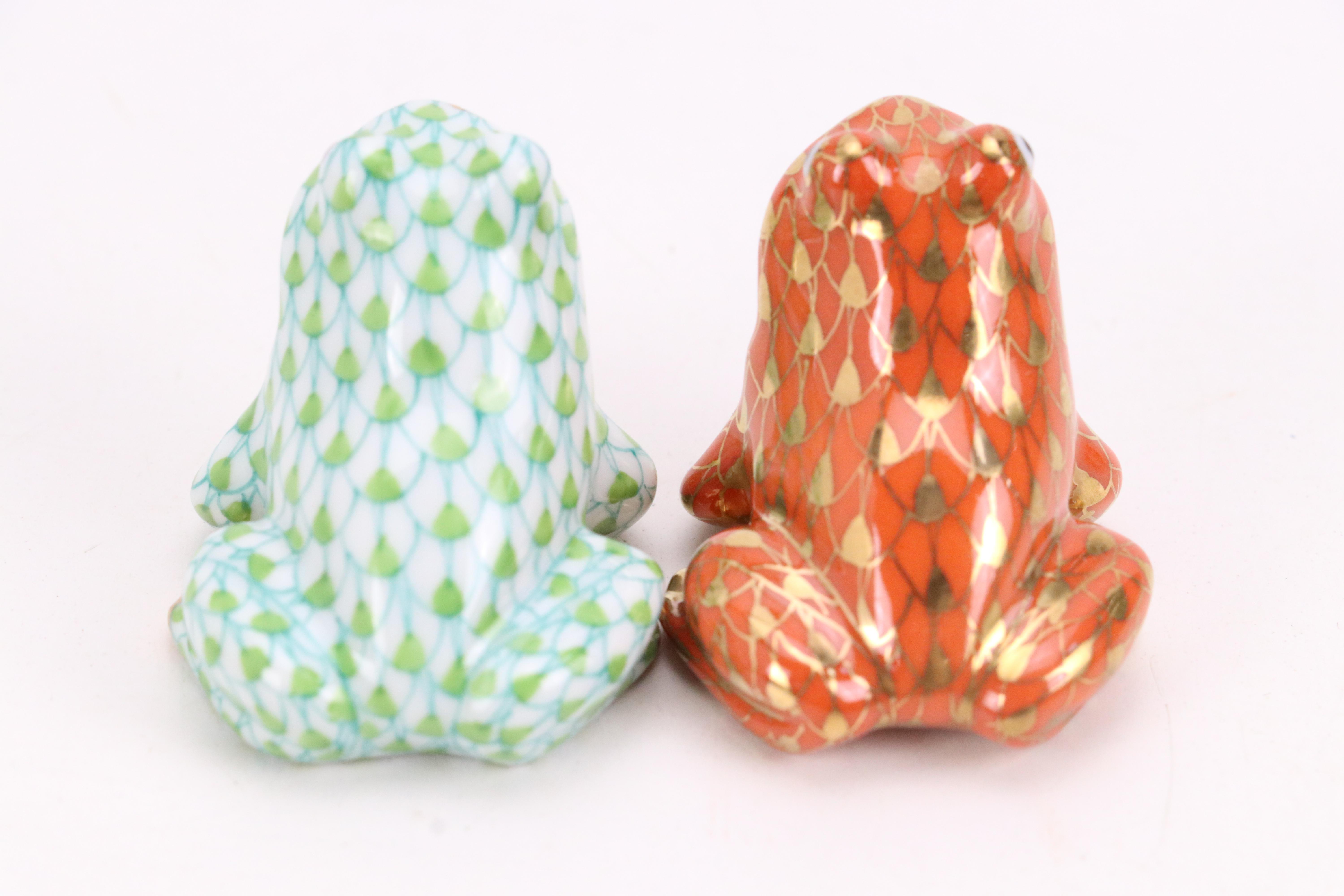 Herend Key Lime with Gold and Other Fishnet "Miniature Frog" Porcelain Figurines